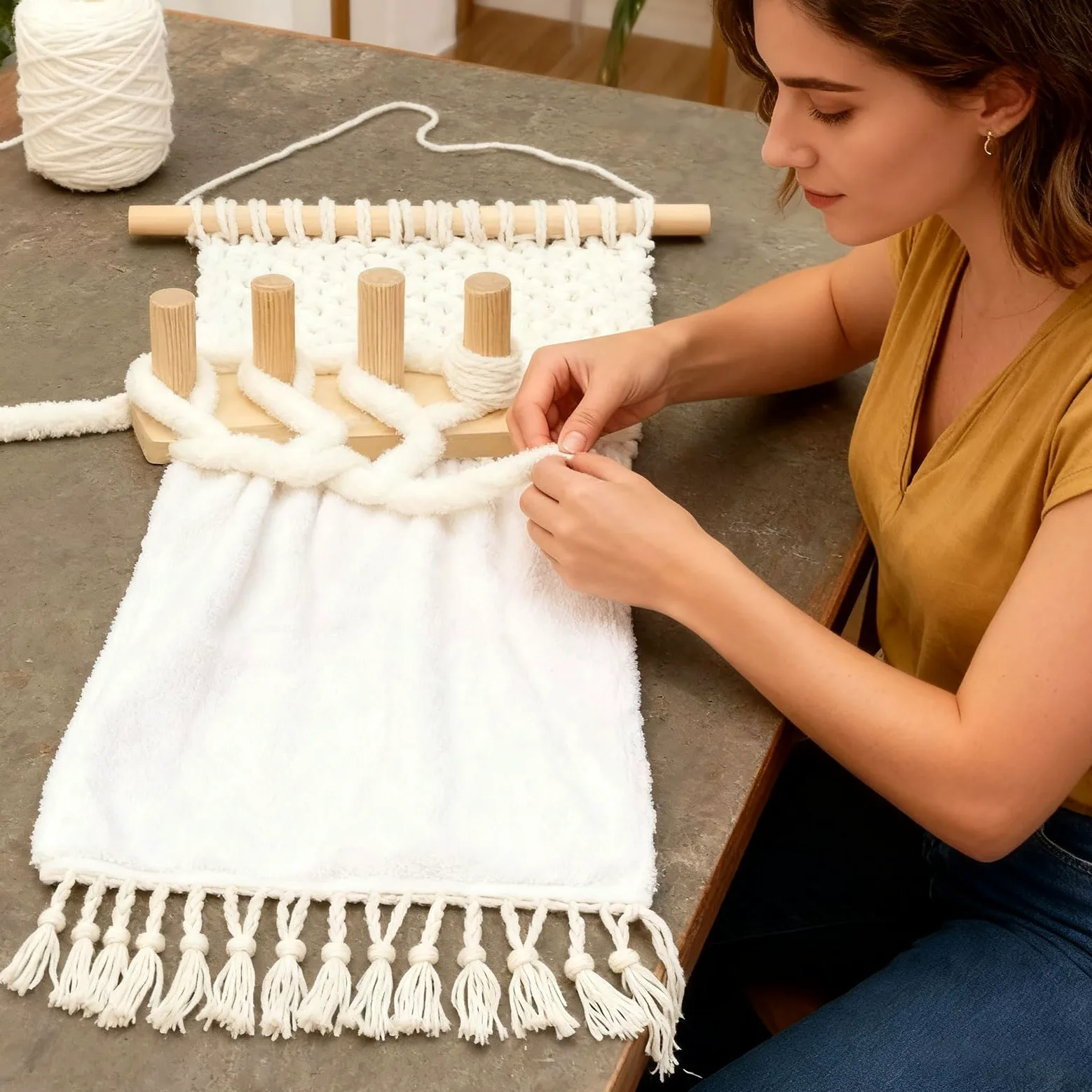Set di 3 telai per tessitura con disegni regolabili, materiali in legno per la creazione di asciugamani da tappezzeria, artigianato regolabile a maglia