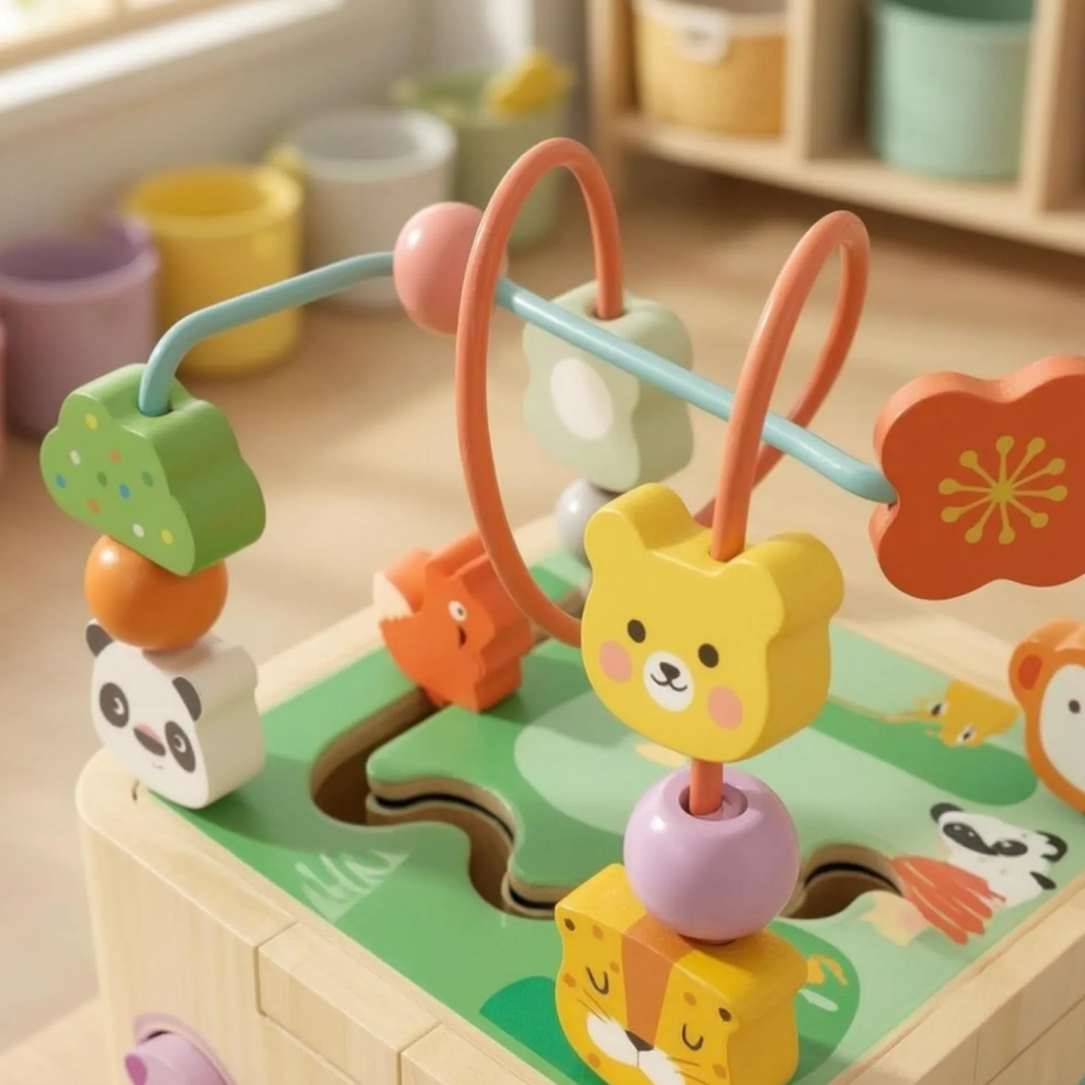 Giocattolo Educativo per Bambini Cubo Sensoriale Legno Percorso Perline Rotelle Ingranaggi Puzzle Rotante Abbinamento Forme Sviluppo Abilità Motorie