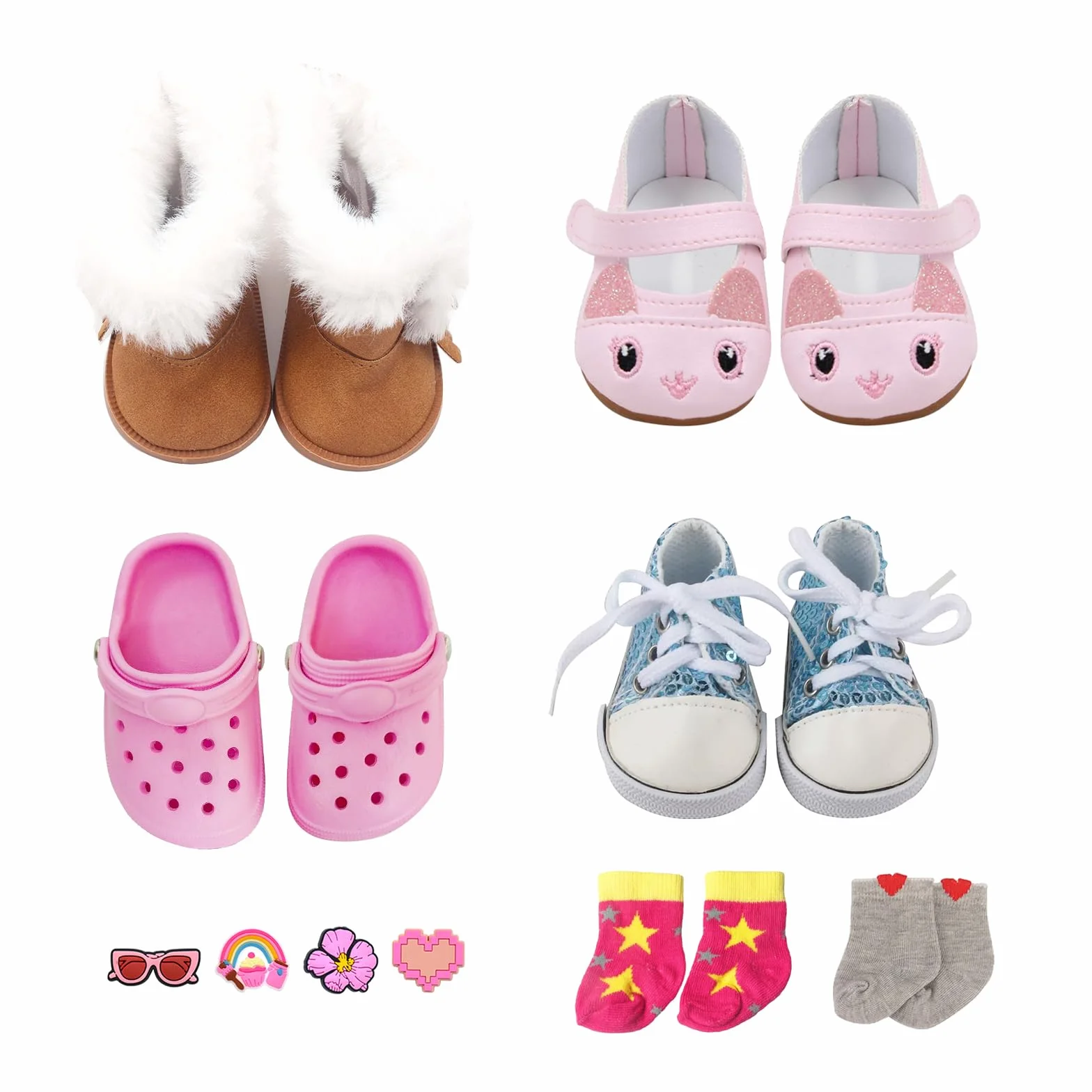 Set di accessori per bambole, scarpe e calze per bambole da 43 cm, 7 pezzi, rosa e marrone