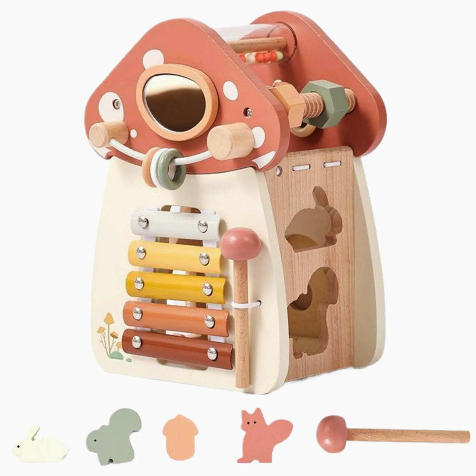 Cubo di attività per Bambini, Giocattoli per Bambini in Legno 5 in 1 a Forma di Fungo, selezionatore di Forme per l'apprendimento educativo per, Compleanno