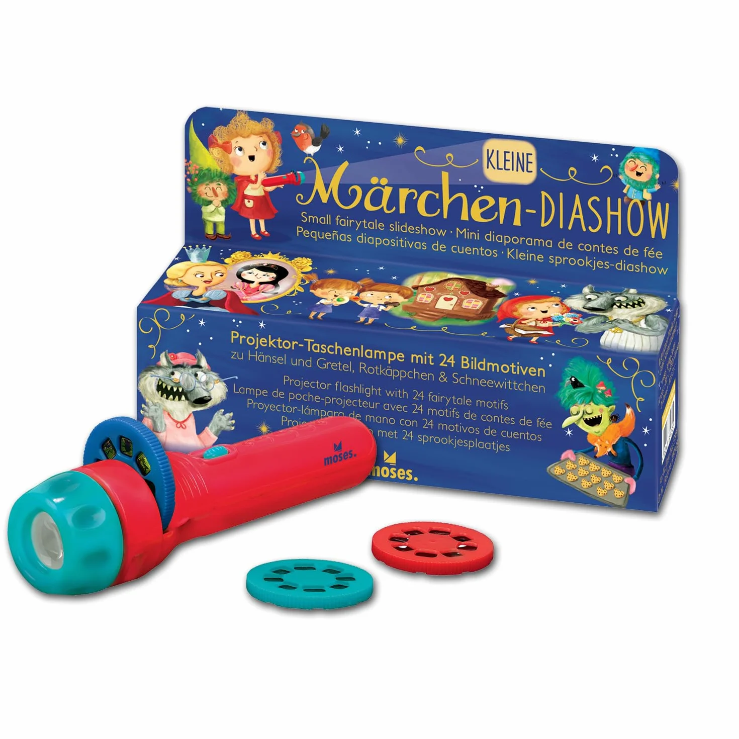 moses 37979 Piccola Presentazione, Torcia proiettore per Bambini, con 3 Fiabe in 8 Immagini da raccontare