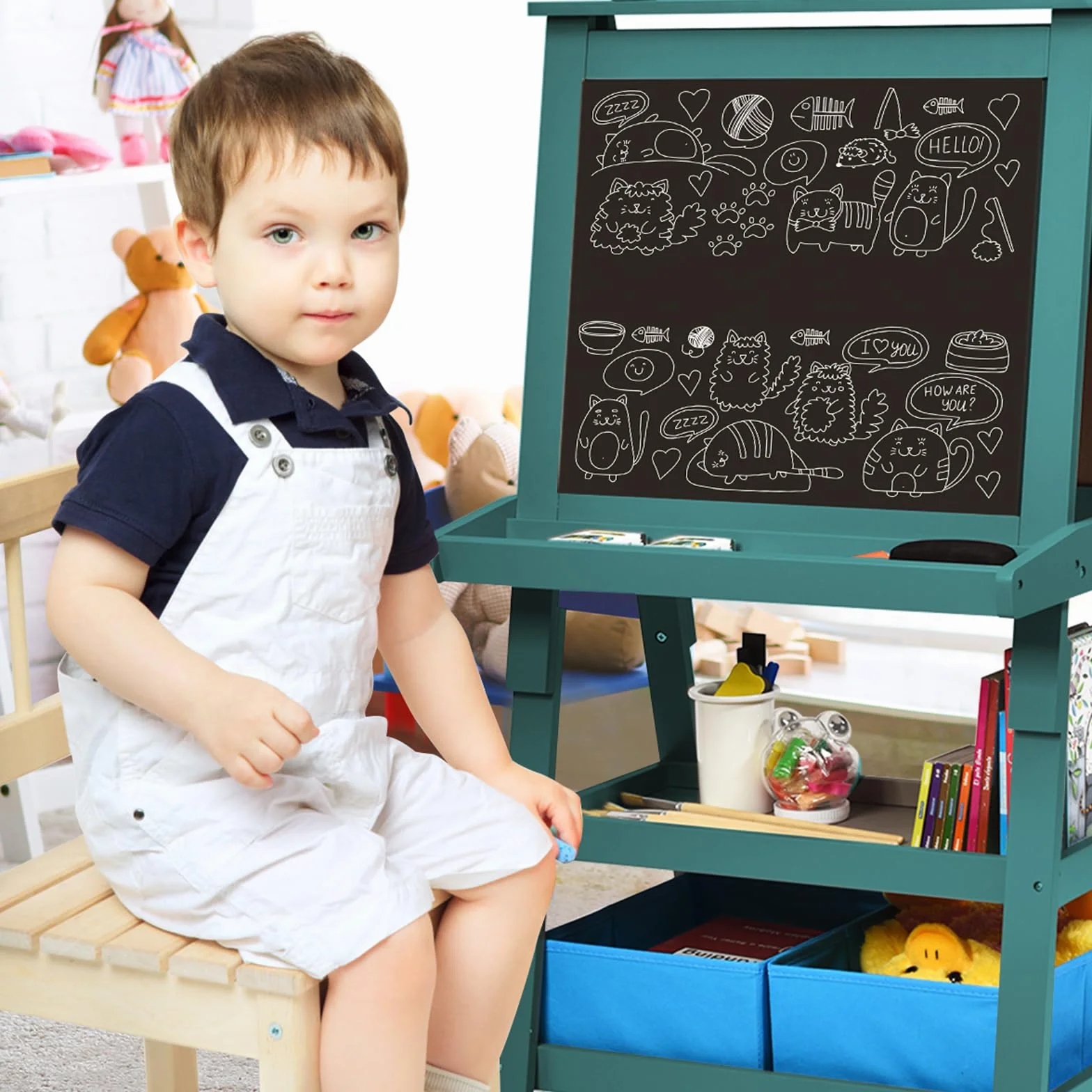 COSTWAY 3 in 1 Cavalletto per Bambini con Doppia Faccia, Legno (Blu)