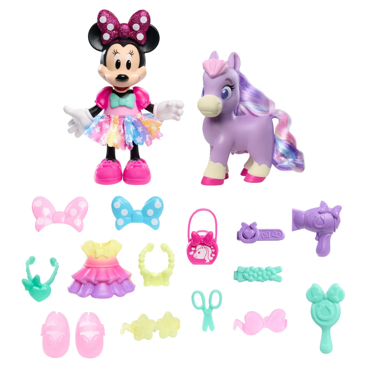 Just Play - Set di 21 pupazzi e accessori per bambini, motivo: Minnie, Groom & Glam Pony