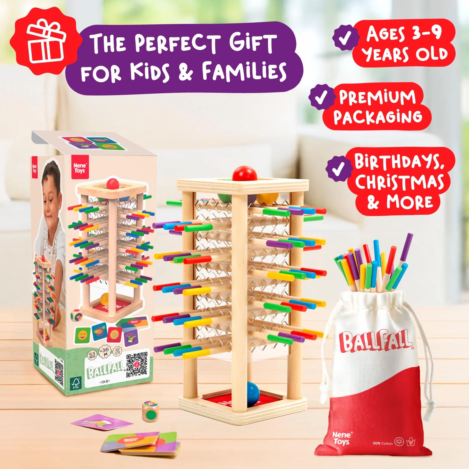 Nene Toys BALLFALL – Giochi Educativi Montessori in Legno per Bambini 3 4 5 6 Anni – Gioco da Tavolo con Bastoncini, Dado e Carte – Regalo per Motricità Fine e Abilità Logiche 3-9 Anni