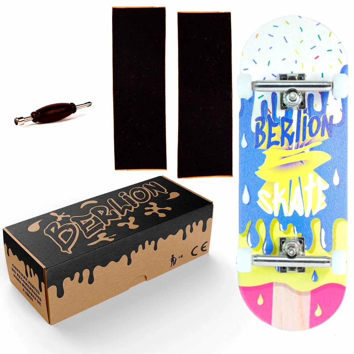 BERLION - Finger Skate Pro Ultrasconcavo in Legno, Mini Skateboard Piccolo, Ruote, Strumento Anti Stress (Multicolore)