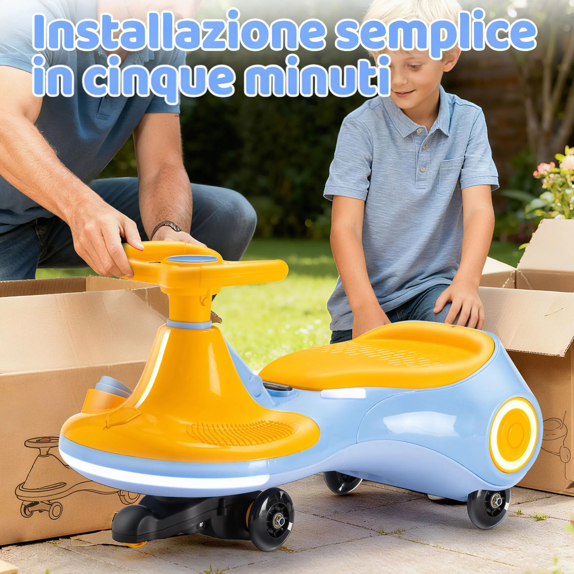 Auto a dondolo elettrica per bambini 12V 3-in-1 batteria ricaricabile anti-ribaltamento ruote luminose musica