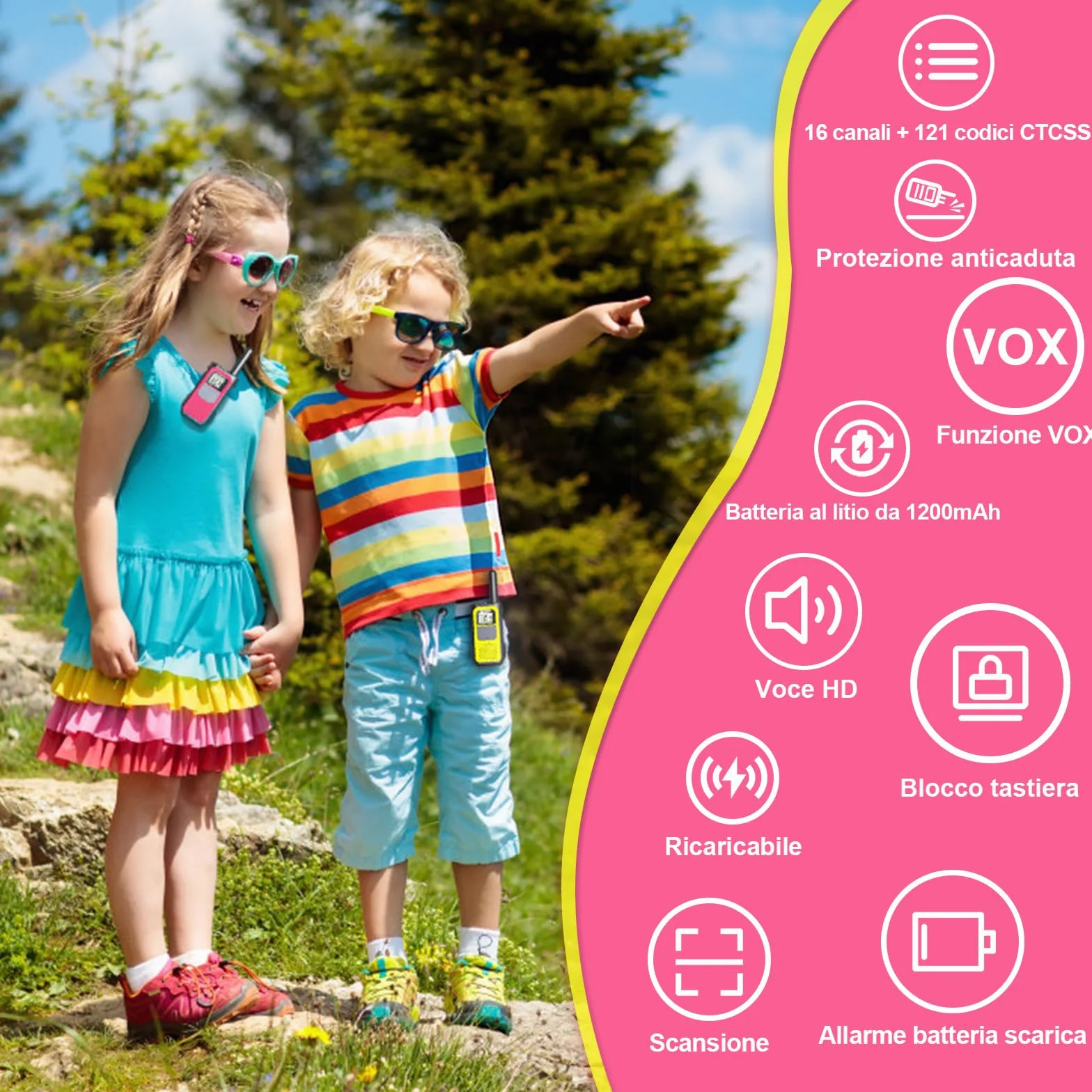 Walkie-Talkie Ricaricabili 1200mAh Batteria al Litio 16 Canali VOX Lungo Raggio per Bambini Adulti Campeggio Escursioni