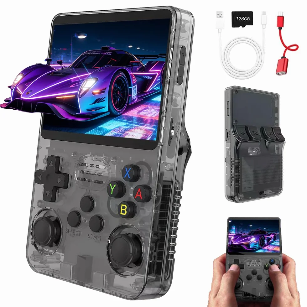 Console di gioco portatile retrò R36S, console retrò da 128 GB, console portatile con schermo IPS da 3,5 pollici, mini console retrò portatile, console emulatore per sistema Linux Game Boy (nero)
