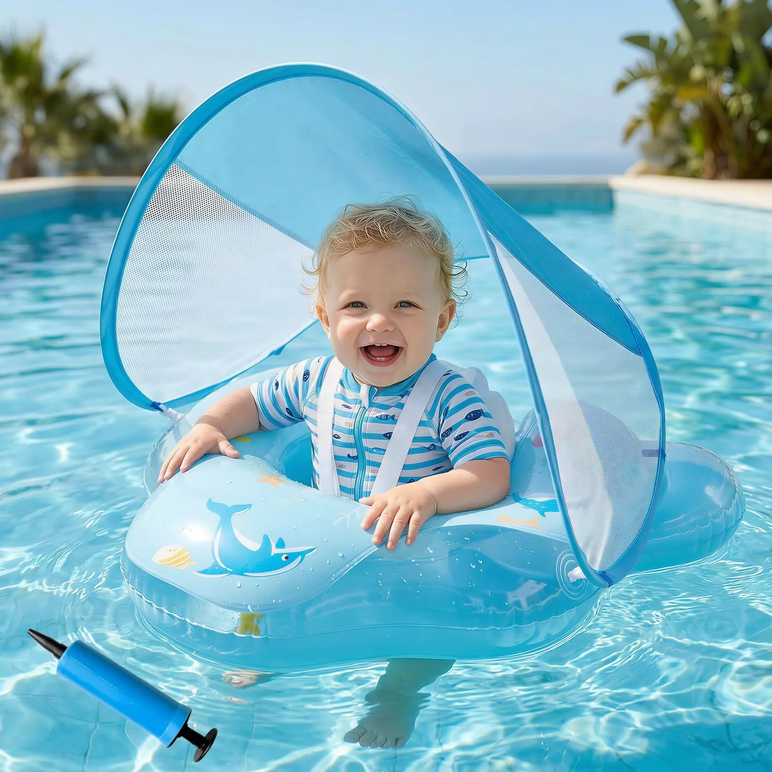 Salvagente Neonato con Parasole UPF50+ Ciambella Neonato Mare con Pompa ad Aria e Kit di Patch Materiali Adatti ai Bambini Carico massimo 20 kg per Bambini Azzurro chiaro