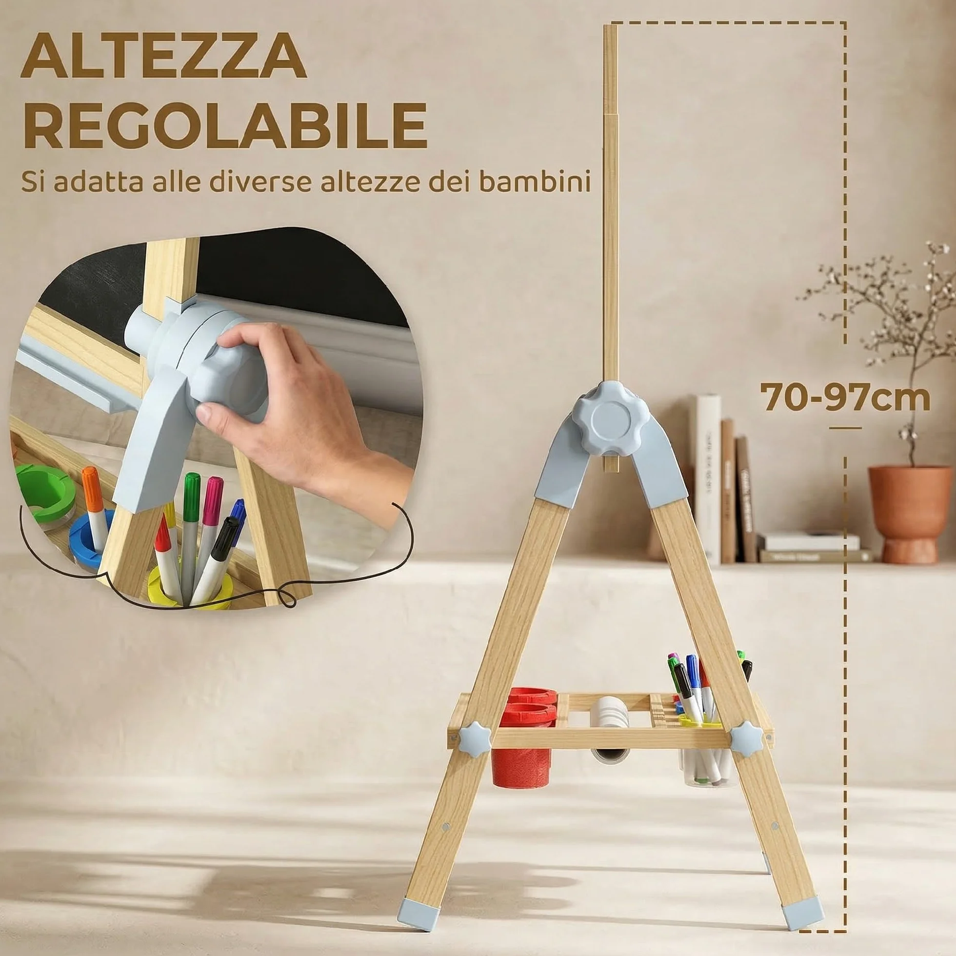 AIYAPLAY Cavalletto da Disegno per Bambini con Lavagna Doppia Magnetica, Vassoio Portamatite, Rotolo Carta Incluso, Legno Naturale