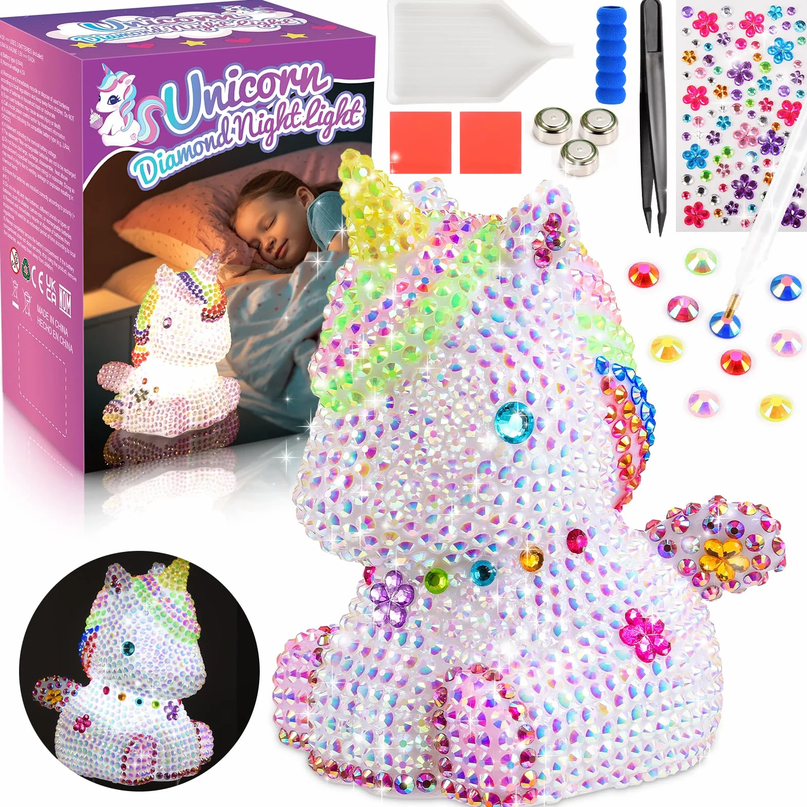 HappyGoLucky Set di luci a forma di unicorno, fai da te per ragazze, regalo per bambine dai 3 ai 10 anni, 4D Diamond Painting LED