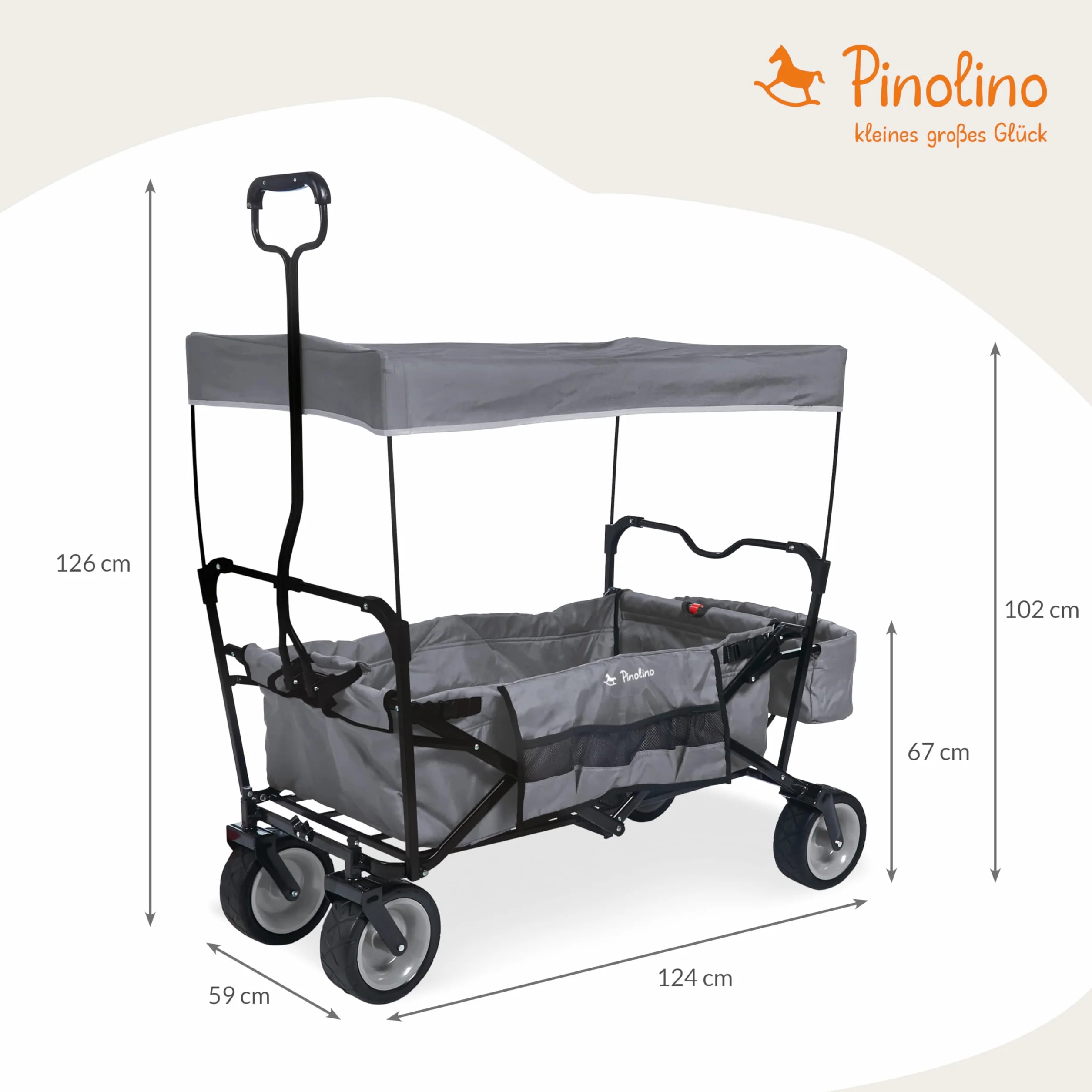 Pinolino Paxi - Carrello pieghevole pieghevole con tettuccio parasole, borsa posteriore e borsa per il trasporto, pneumatici in poliuretano, capacità di carico 70 kg, colore: Grigio