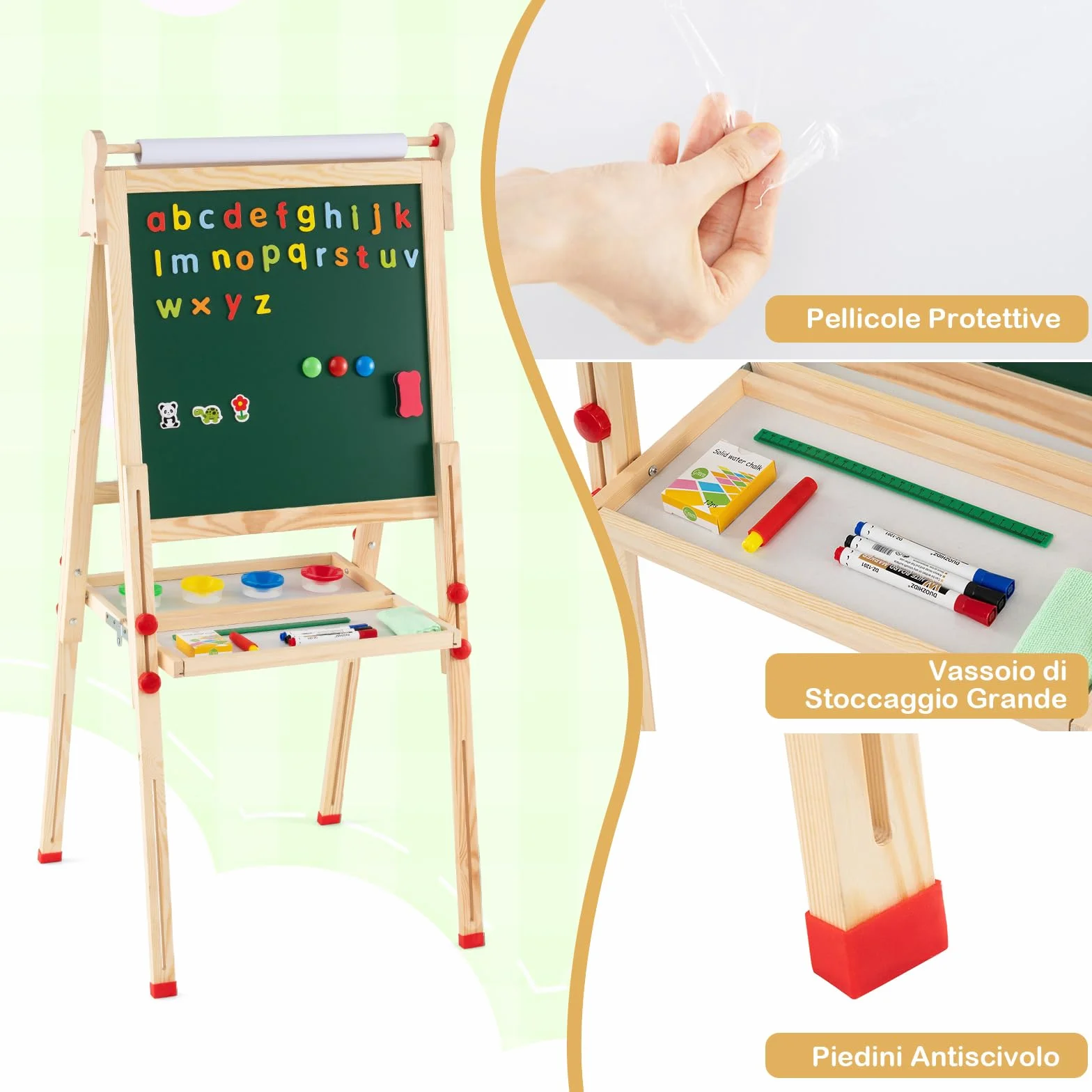 COSTWAY 3 in 1 Cavalletto per Bambini, Cavalletto Artistico in Legno con Doppia Faccia Magnetico, Lavagna Bianca, Lavagna Nera e Rotolo di Carta, Pieghevole e Altezza Regolabile