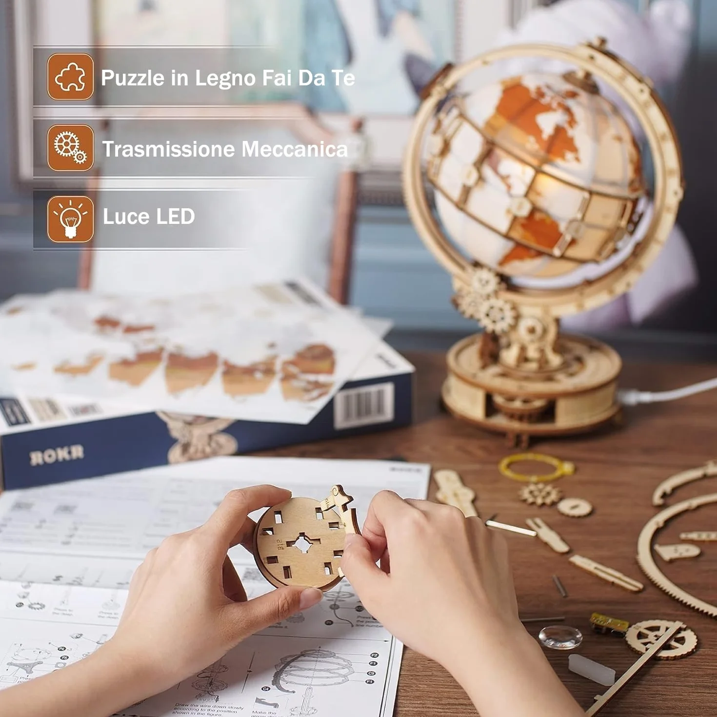ROKR Puzzle 3D in Legno Globo Luminoso Modellismo da Costruire Adulti Wooden Puzzle, 180 Pezzi, Luminous Globe