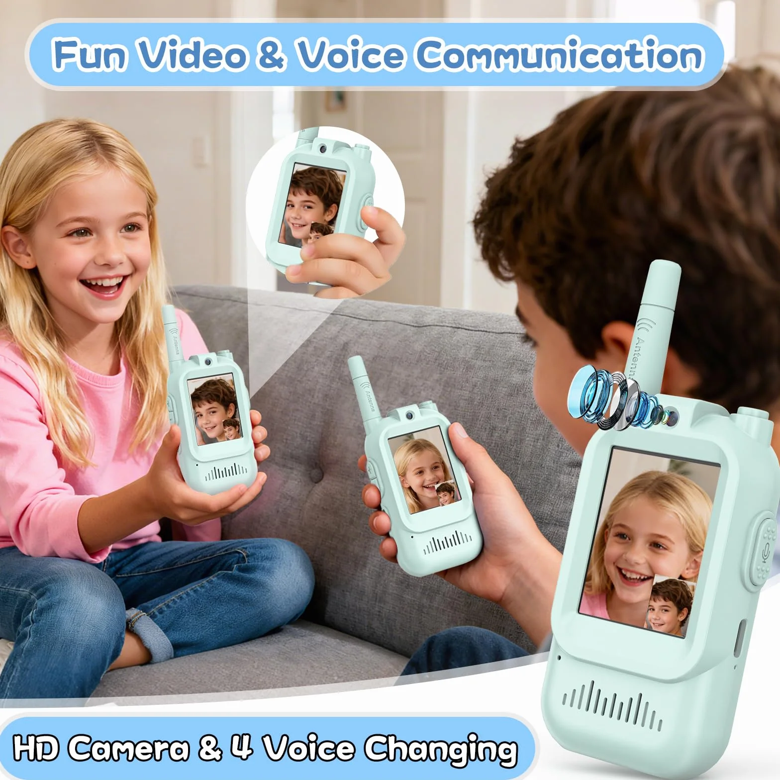 Video Walkie Talkie Bambini Set da 2 Dispositivi Ricaricabili Interfono Video Giochi Interni Esterni Campeggio 3-12 Anni Verde