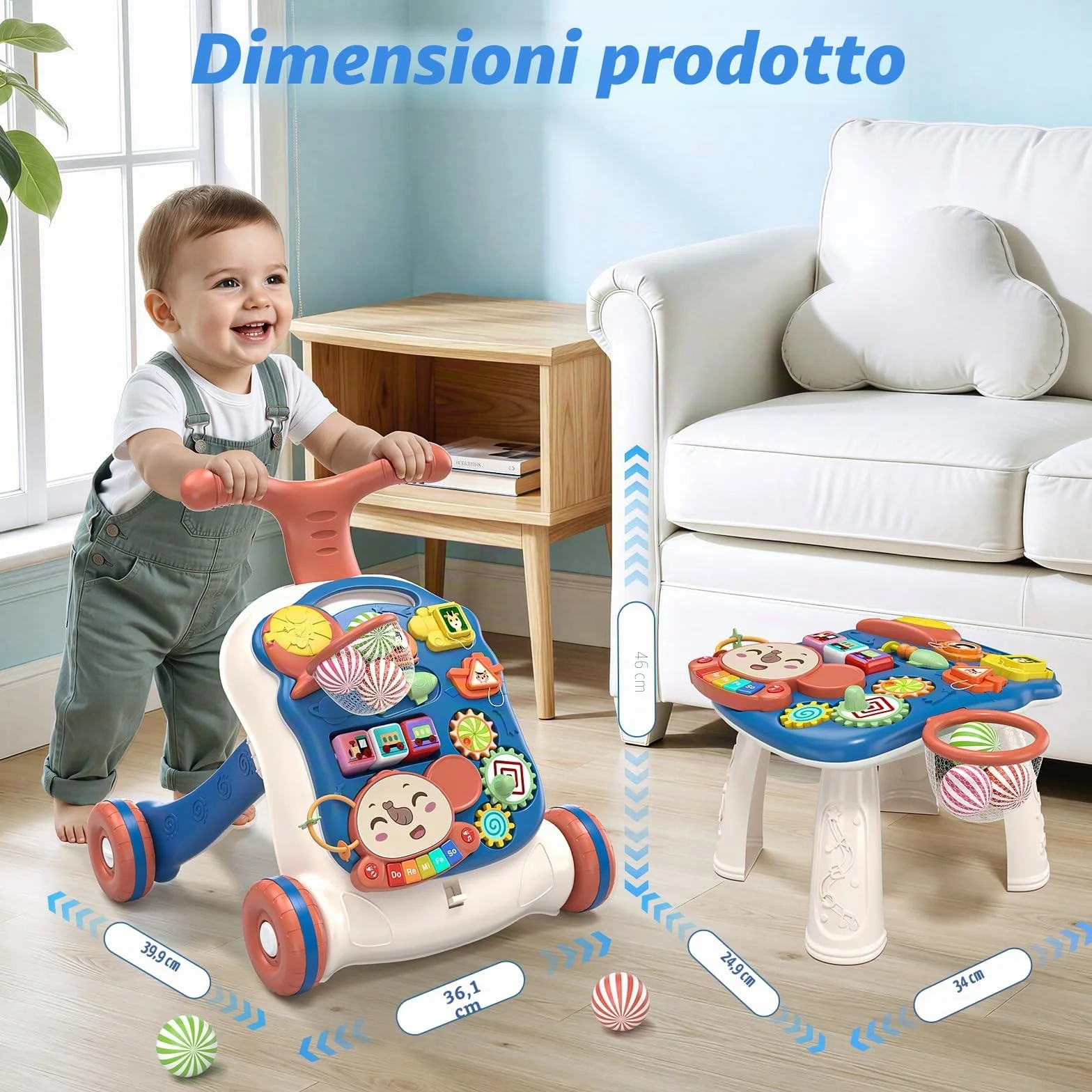 QDRAGON 3 in 1 Girello per Bambini, Centro Di Attività Educativa per Imparare a Camminare, Seduti, In Piedi, Neonato Gioco Educativo, Primi Passi per Bambini, Giochi Bambini 12-36 Mesi, Blu