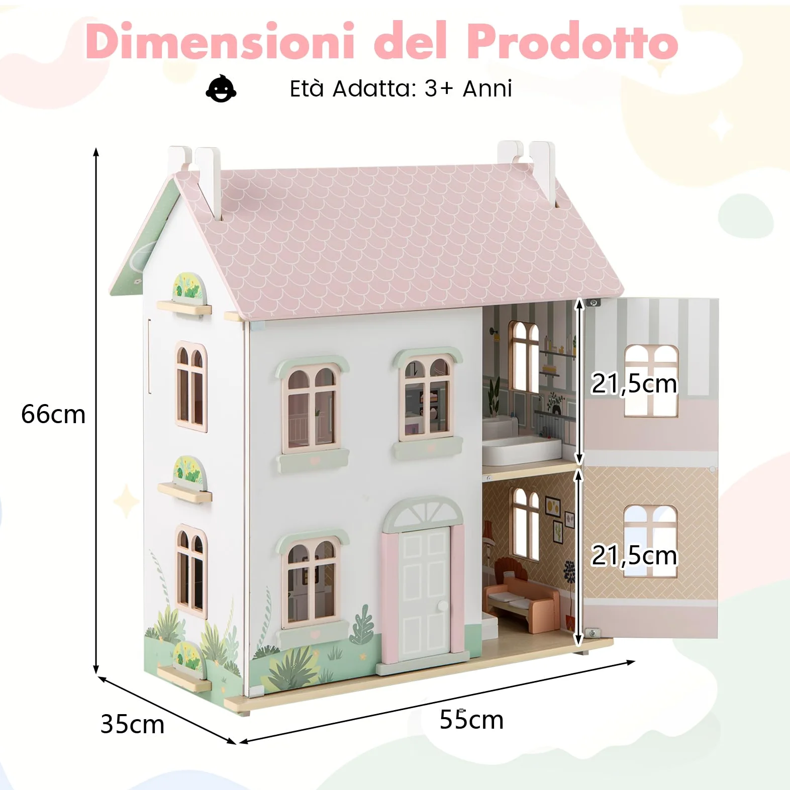 COSTWAY Casa delle Bambole in Legno, Casetta delle Bambole a 3 Piani con Tetti Rimovibili, Porte Apribili, Finestre Squisite 5 Stanze e 19 Accessori, Regalo per Bambini 3+ Anni