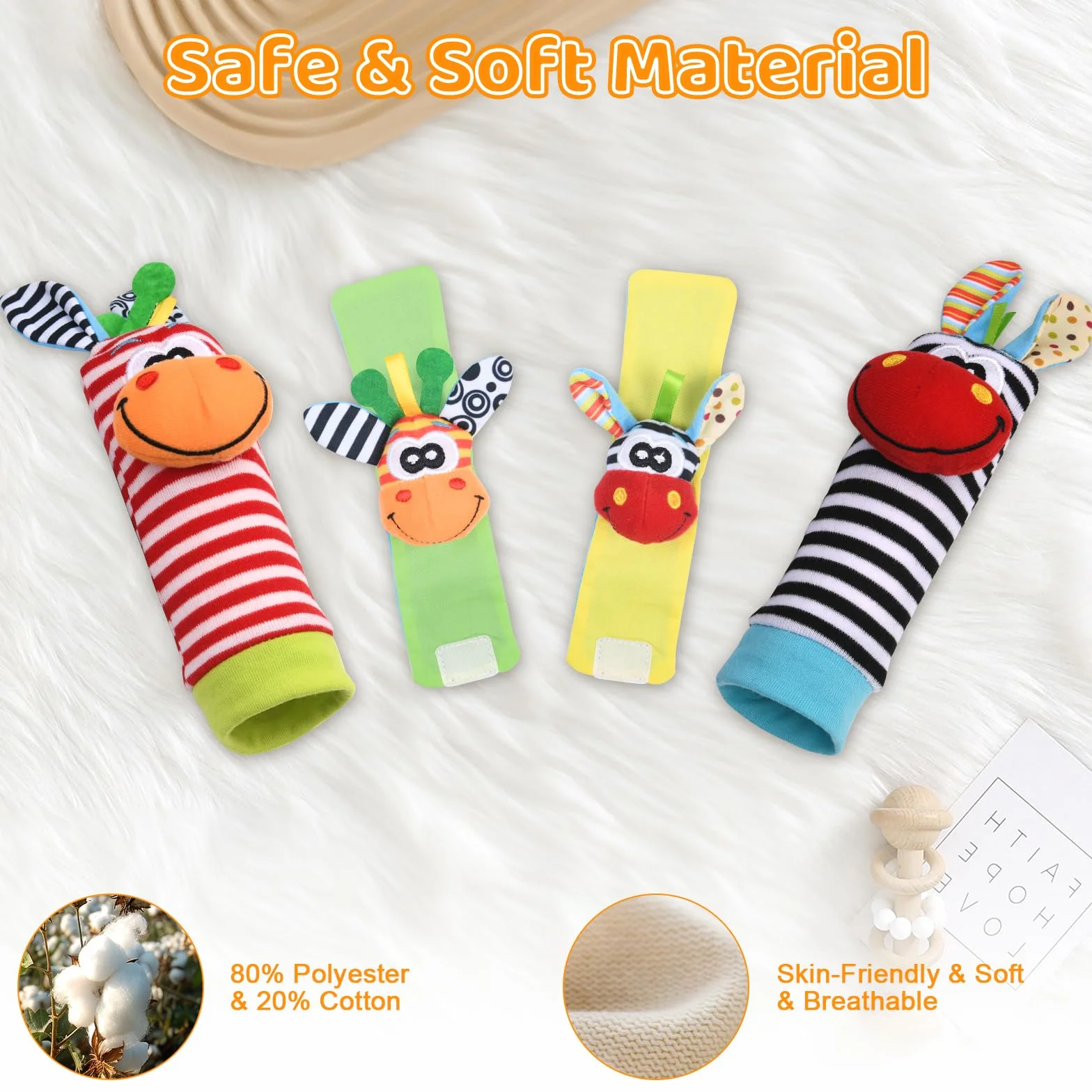 Vicloon Baby Rattle 4 Pack Neonato Sonagli Calzini da Polso Sonagli Sensoriali Giocattoli Soffici 0-6 Mesi