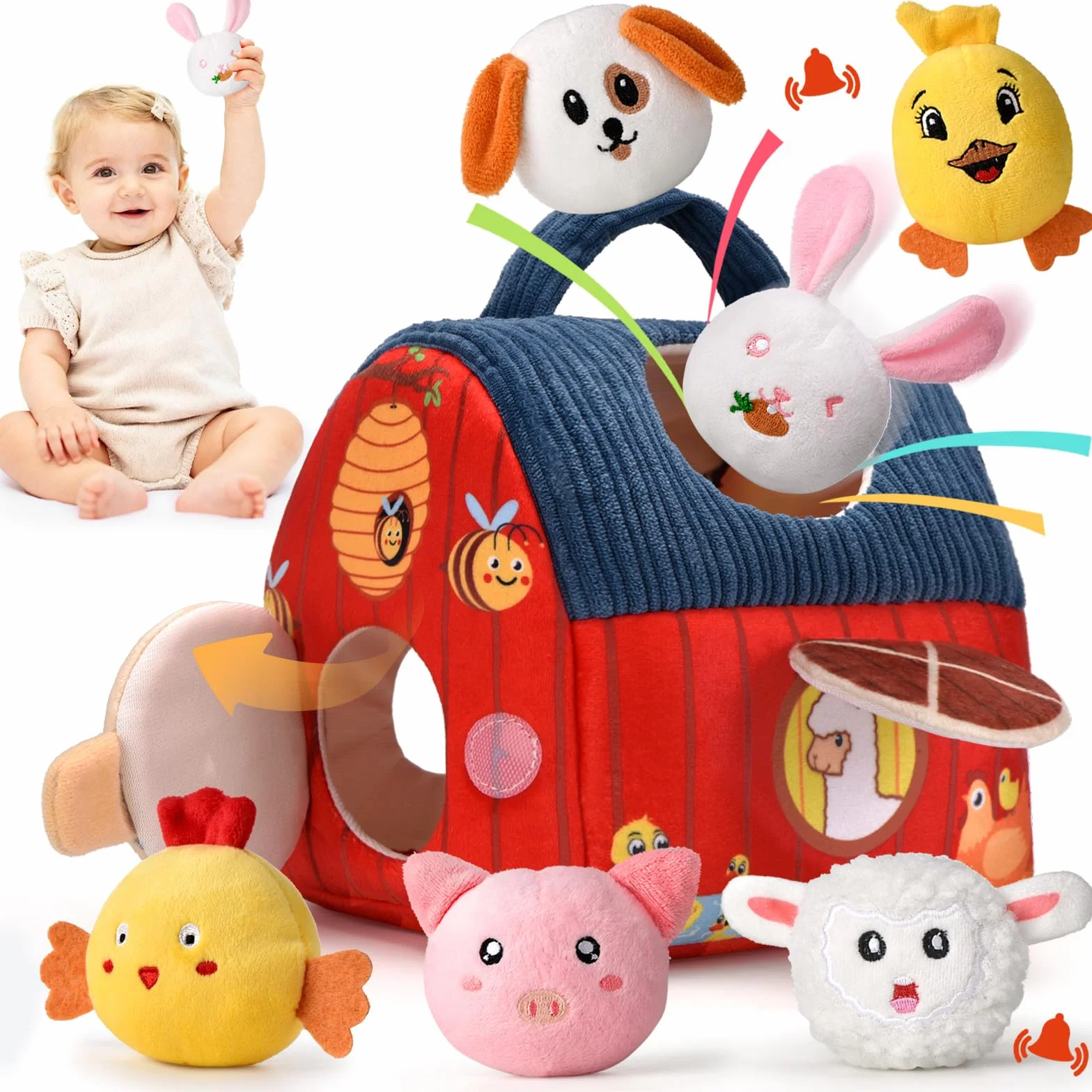 Giochi Montessori Neonato 6-12 Mesi - Casa Morbida Animali da Fattoria con Fienile/Sonaglio/Specchio Neonati Montessori Sensoriale Educativo per Bambini 1 2 3 Anni, Regalo Perfetto per Neonati e Prima