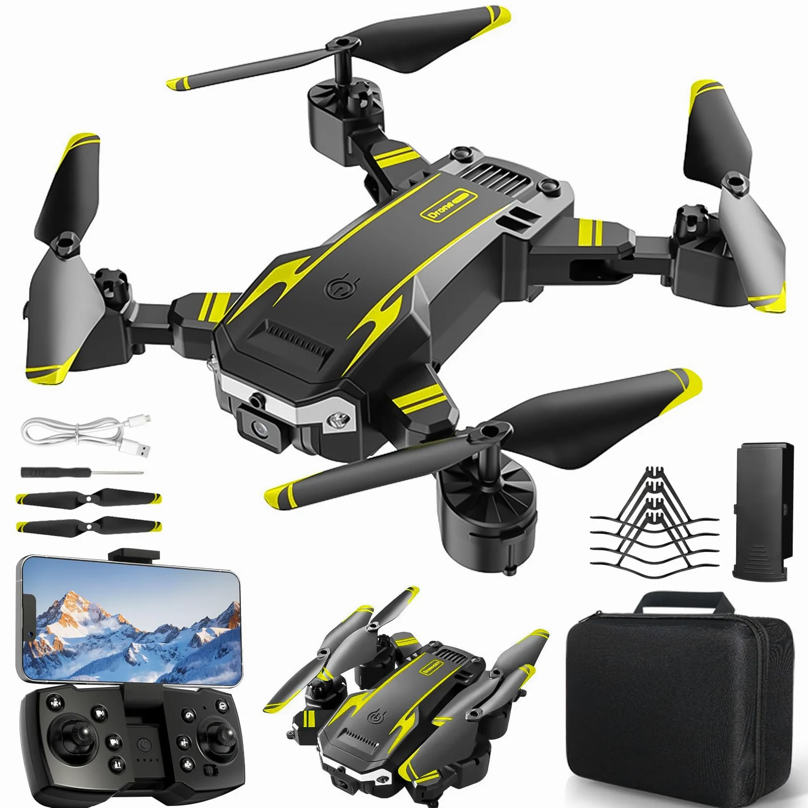 Drone con Doppia Camera HD per Principianti, Drone Pieghevole per Bambini, 3D Flip, Decollo/Atterraggio 1 Tasto, Modalità Headless, Volo a Waypoint, per Bambini o Novizi, 2 Batterie