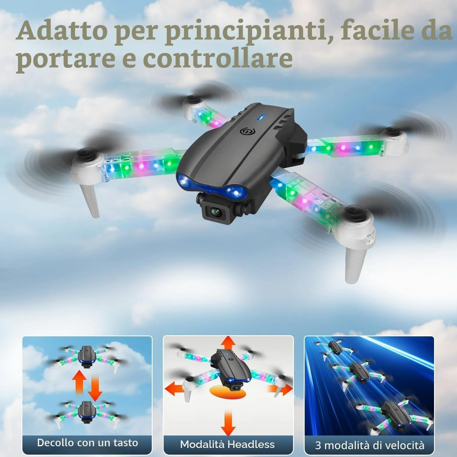OBEST Drone con Telecamera per Principiante,Mini Drone Professionale con Luce LED Colorata,Wifi FPV Pieghevole RC Quadcopter,Capovolgimento 3D,Atterraggio e Volo con un Clic