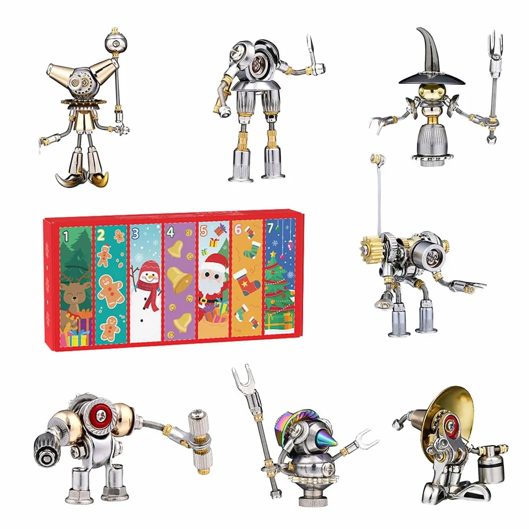 Puzzle in metallo 3D per adulti, scatola cieca natalizia Steampunk Mecha, 7 robot, Natale a sorpresa 2024, oltre 500 pezzi