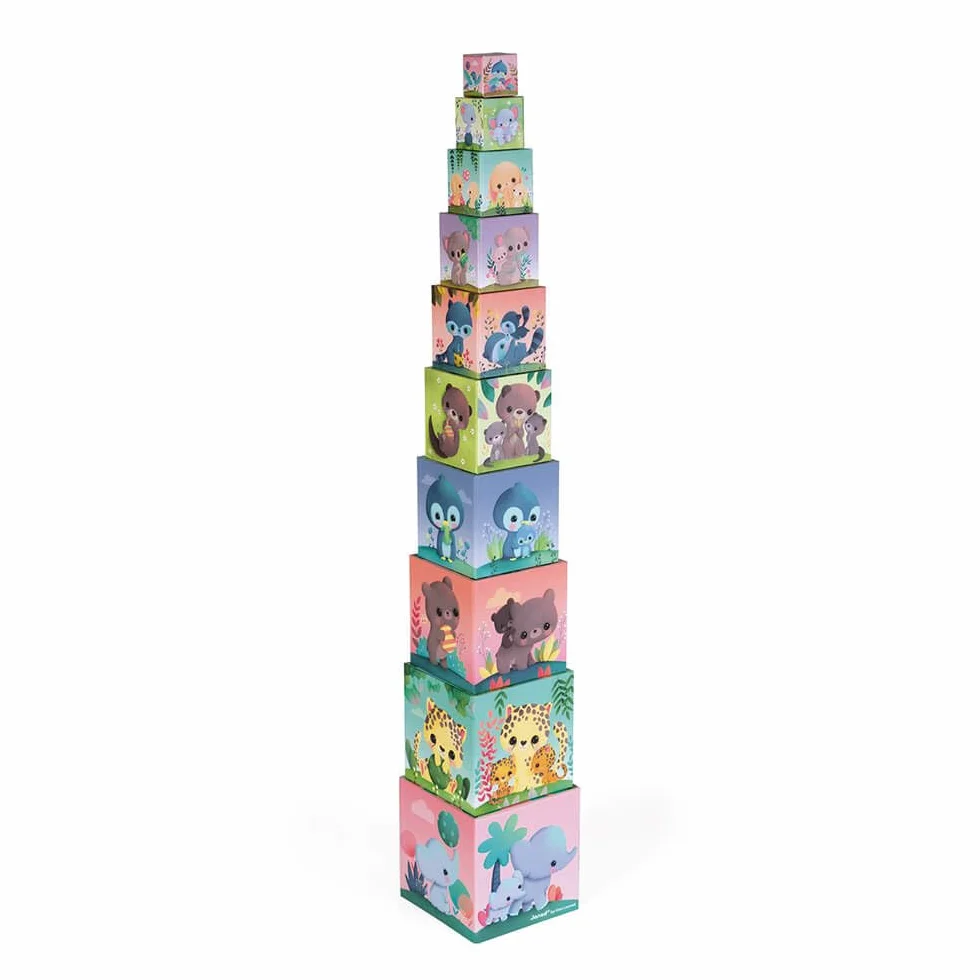 Janod - Animali Quadrati Piramidali - Gioco per L’Apprendimento e Prima Infanzia - Giocattolo di Impilamento e Incastro - Apprendimento di Numeri e Dimensioni - A Partire da 1 Anno, J02652