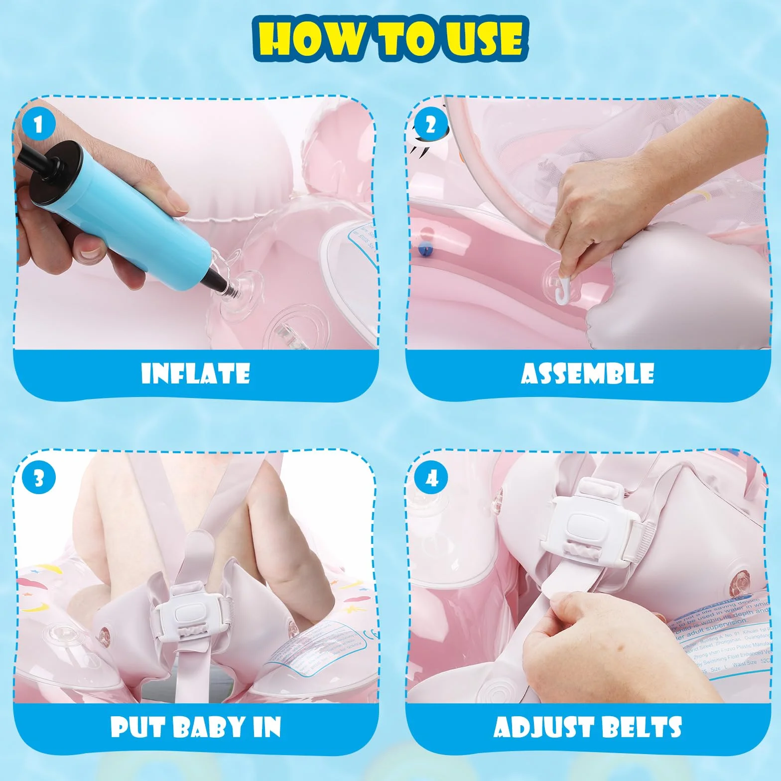 Salvagente Neonato, Salvagente Neonato con Parasole Salvagente Gonfiabile per Bambini con Seggiolino di Sicurezza Regolabile Doppio Airbag Anello Salvagente con Pompa per Bambini 8-24 mesi