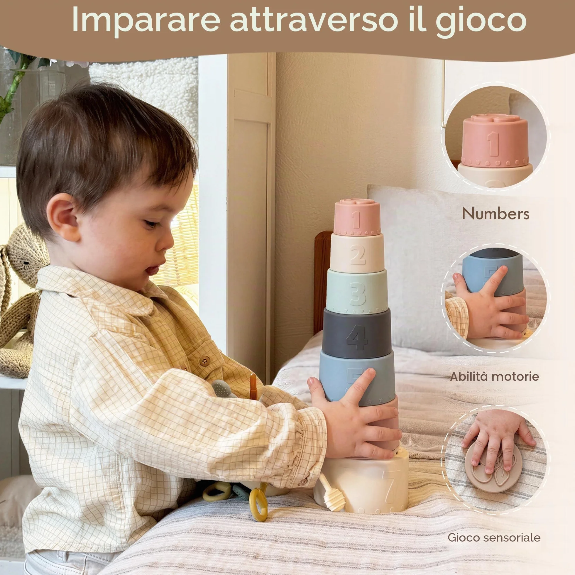 Moonkie Cubi Impilabili Bambini, Giocattoli da Tazza in Silicone, Costruzioni per Bambini, Giochi Montessori, Dentizione Neonato Silicone, Regalo Bambino, 6+ Mesi, 7 Pezzi (Fine Day)