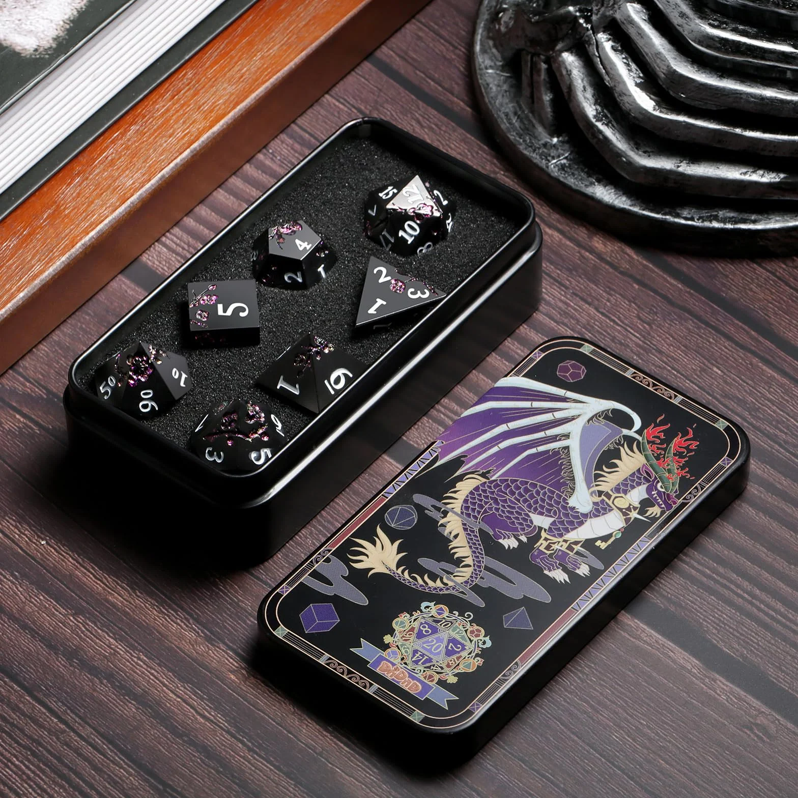 Glitter Purple Metal D&D Dice, 7 PCS Flower Metallic DND Dice Set with Grogeous Gift Case for Dungeons and Dragon Tabletop Game (Matte Black with Glitter Purple Flower)