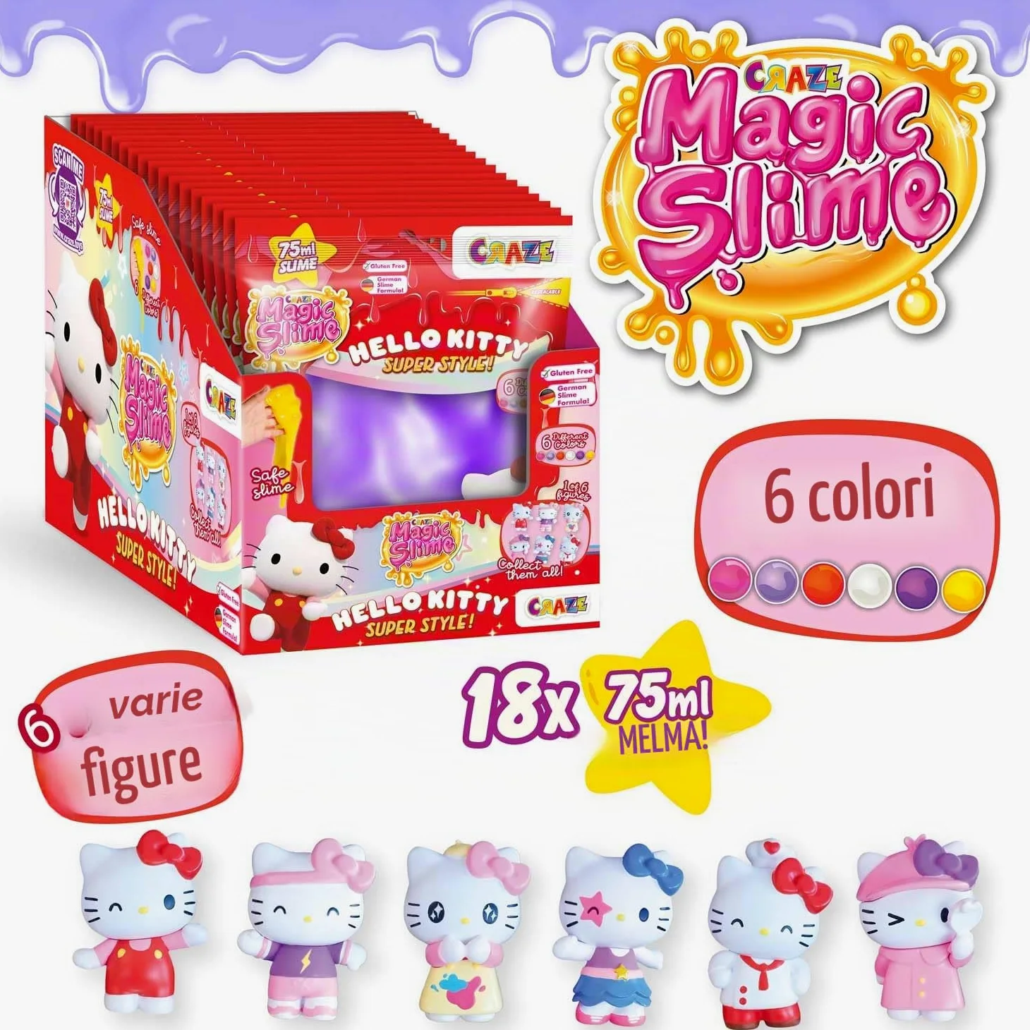 CRAZE MAGIC Slime BAG HELLO KITTY 18 pack | set slime 6 colori, 18 sacchetti con 75ml per bambini, inodore, senza rifiuti