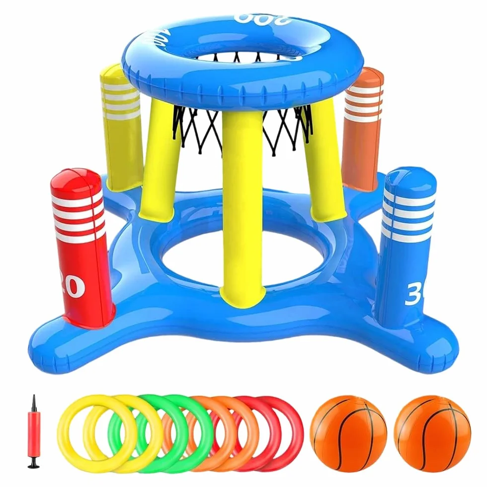 Canestro gonfiabile per piscina con gioco di lancio ad anelli, set galleggiante gonfiabile, giocattolo acquatico, cestino da basket galleggiante con 2 palline e 8 anelli di lancio, gioco in
