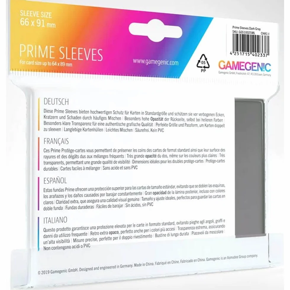 Gamegenic GGS11025ML Prime Sleeves (100-Pack), Gray