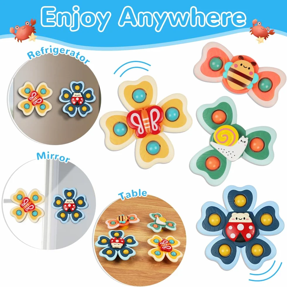 Vicloon Giocattolo a Ventosa per Bambini, 4pcs Giocattoli Sensoriali per Vasca da Bagno, Animali Colorati Spinning Top per Il Bagnetto per Bambini, Sollievo dall'Ansia Regali (Insetto)