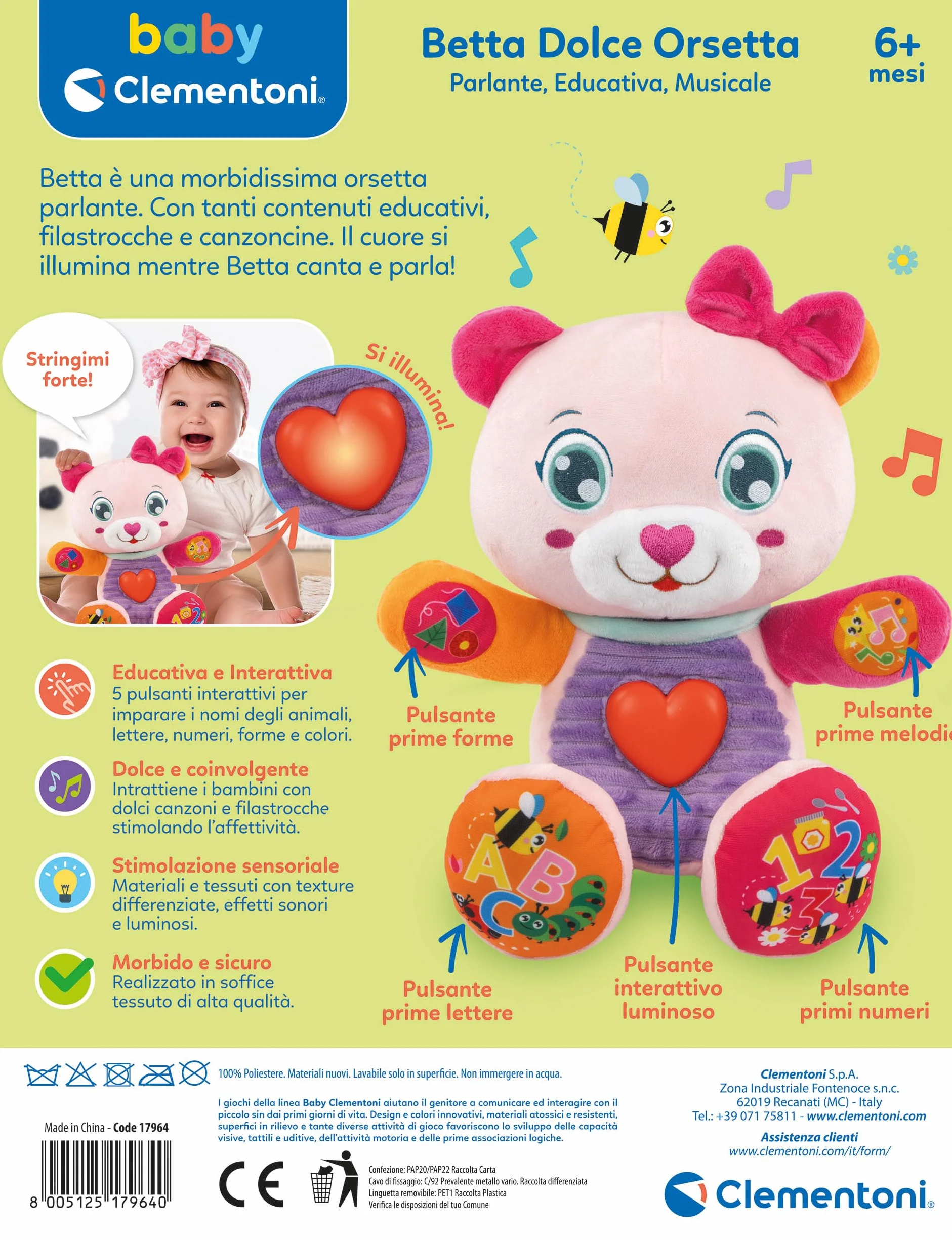 Clementoni Baby Betta Dolce Orsetta, Peluche Interattivo Parlante per Bambini di 6+ Mesi, Centro attività Che Stimola Lo Sviluppo Sensoriale e Cognitivo, Lingua Italiana, 17964