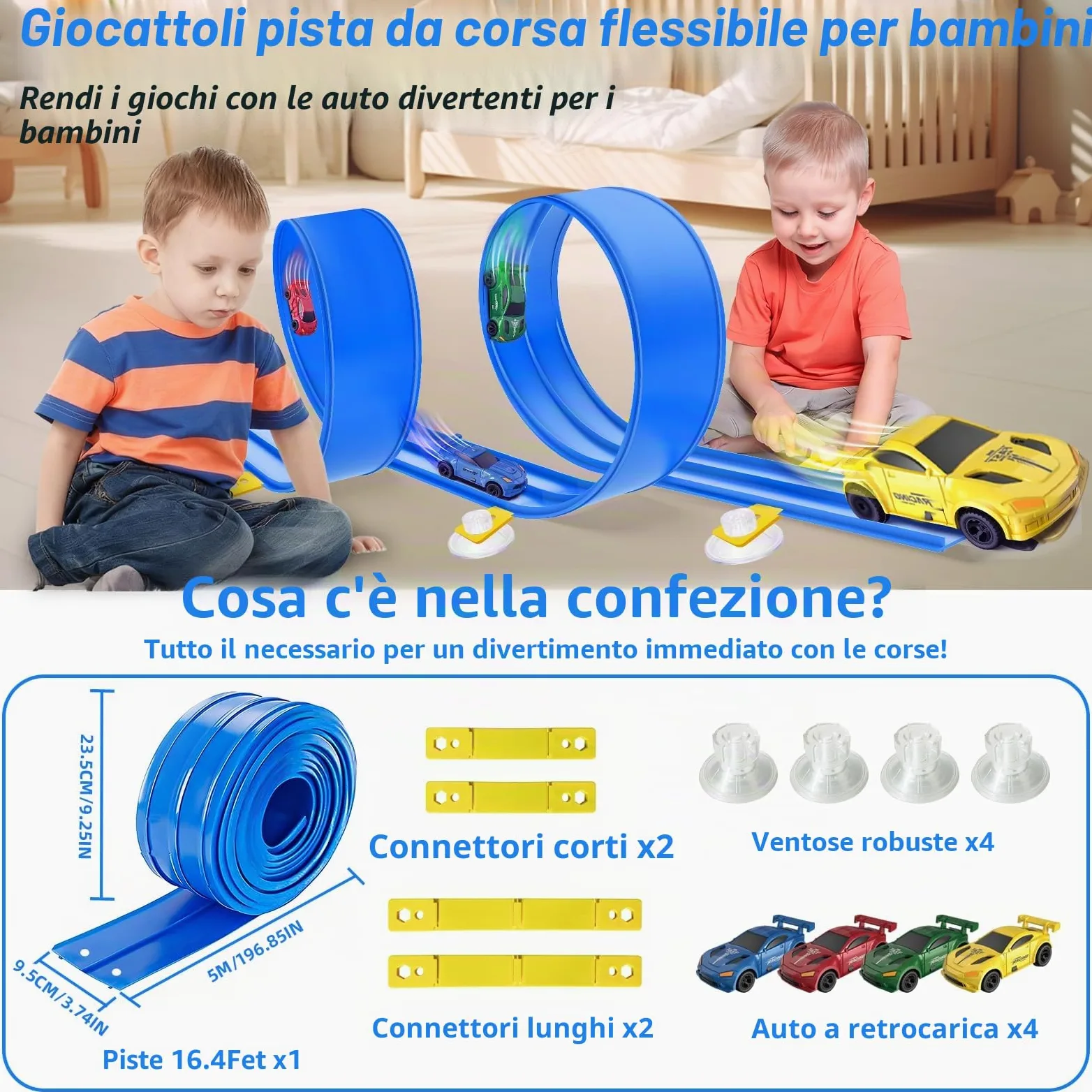 RedCrab Pista da Corsa Flessibile per Bambini, Lunga 5 m Pista da Corsa Flessibile con 4 Macchinine e 4 Ventose, Compatibile con Modellini di Auto Diecast in Scala 1:64