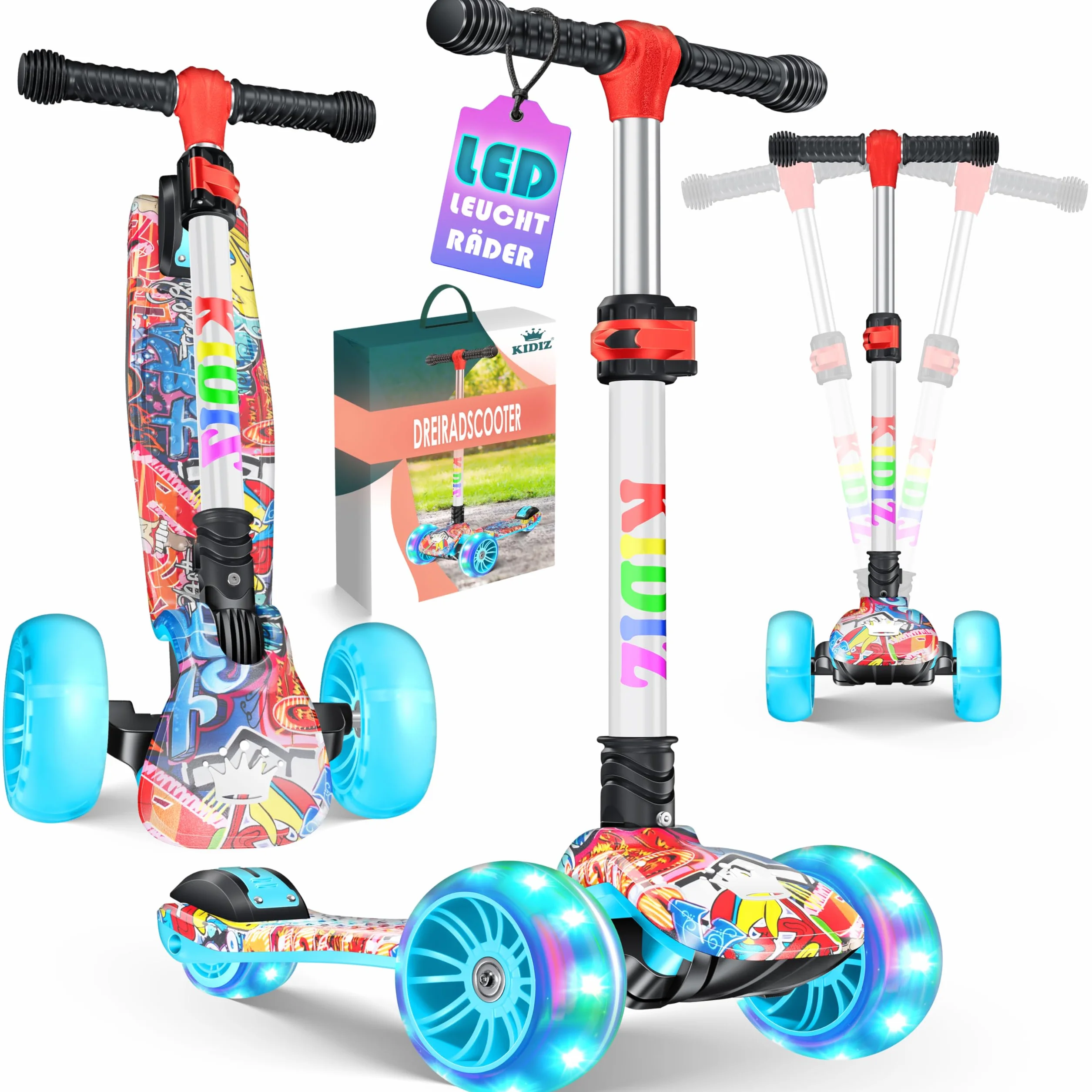 KIDIZ® Scooter Scooter per bambini X-Pro2 Triciclo Scooter con ruote luminose a LED in PU Scooter a pedali pieghevole Scooter da città regolabile in altezza Scooter per bambini ragazze 3-12 anni