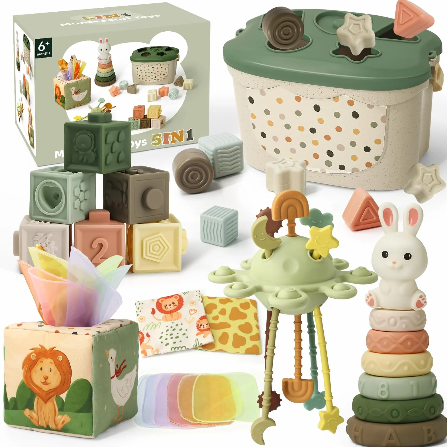 Giochi Montessori 6 Mesi 5 in 1 con Scatola Fazzoletti, Impilabili, Classificazione, Tirare Corda Regalo Bambino 8-12 Mesi