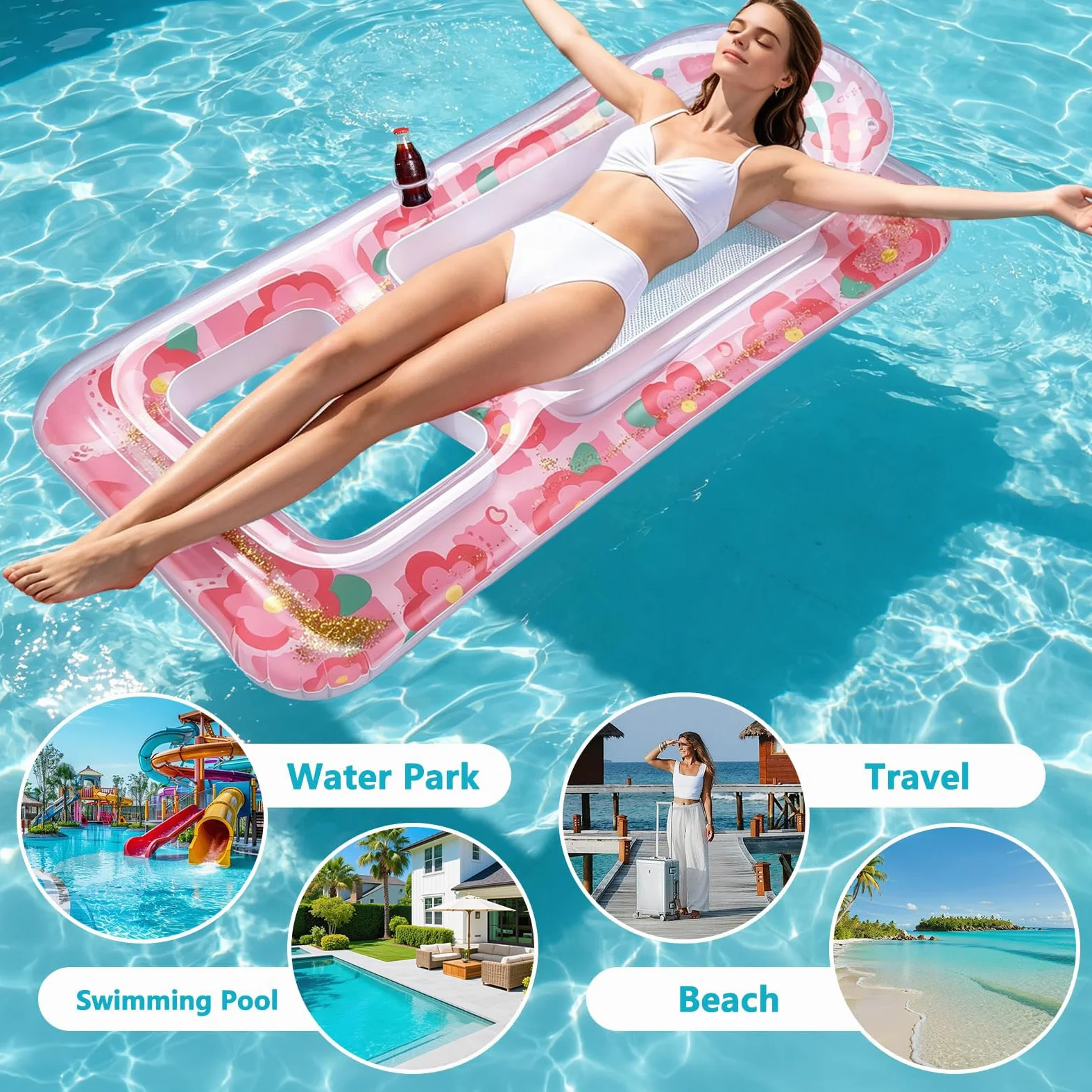 Materassino Mare in PVC Galleggiante Gonfiabile Piscina con Parasole Disponibile in Una varietà di Colori con Schienale e portabicchiere Accessori Piscina per Piscina e Spiaggia