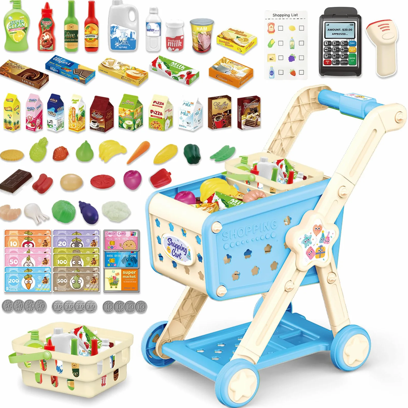 RedCrab Carrello Spesa Giocattolo con Scanner, 74 Pcs Accessori per Negozi: Calcolatrice, Carte di Credito, Frutta e Cibo, Gioco di Ruolo Giocattolo per Ragazzi e Ragazze 3+ Anni (Blu)