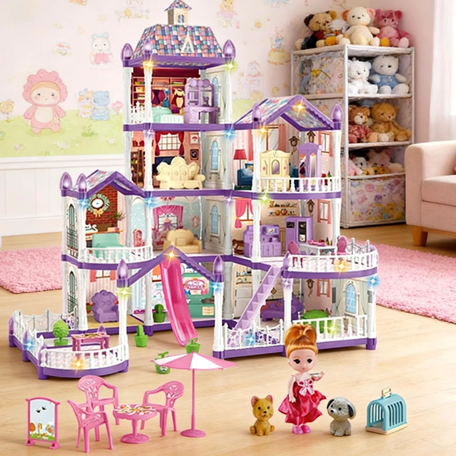 Casa delle Bambole per Bambine 4 Piani 13 Stanze Da Montare Miniatura | Villa Giocattolo Con 3 Principesse, 2 Cuccioli e Arredamento Per Bambine 4-6 di Ruolo Indoor Regalo per Feste