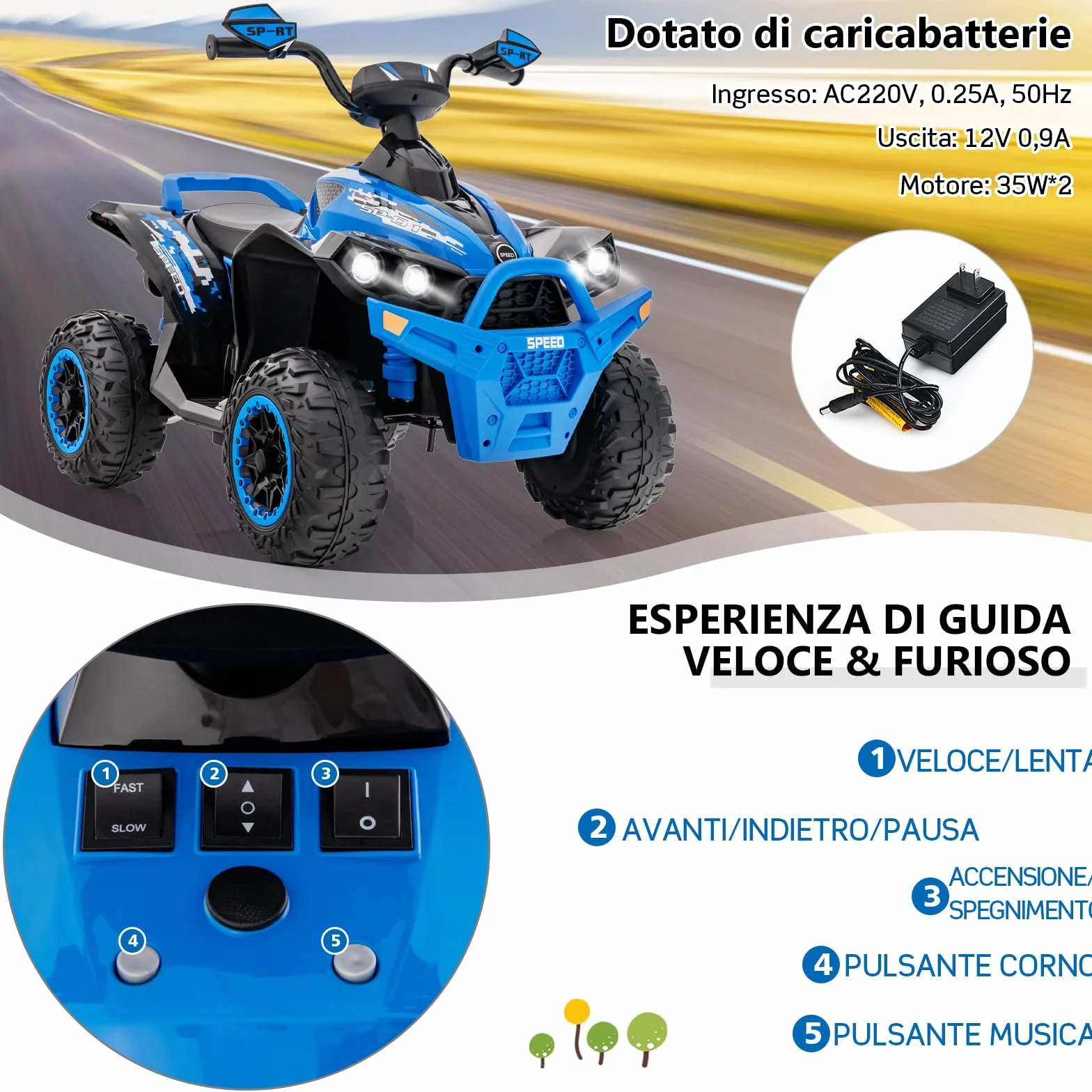 RELAX4LIFE Quad Elettrico per Bambini 3-8 Anni con Velocità Regolabile, Auto a Batteria Multifunzione 12V con Anteriore e Posteriore, Luci a LED, Musica, Pedale, Clacson, Carica 35KG (BLU)