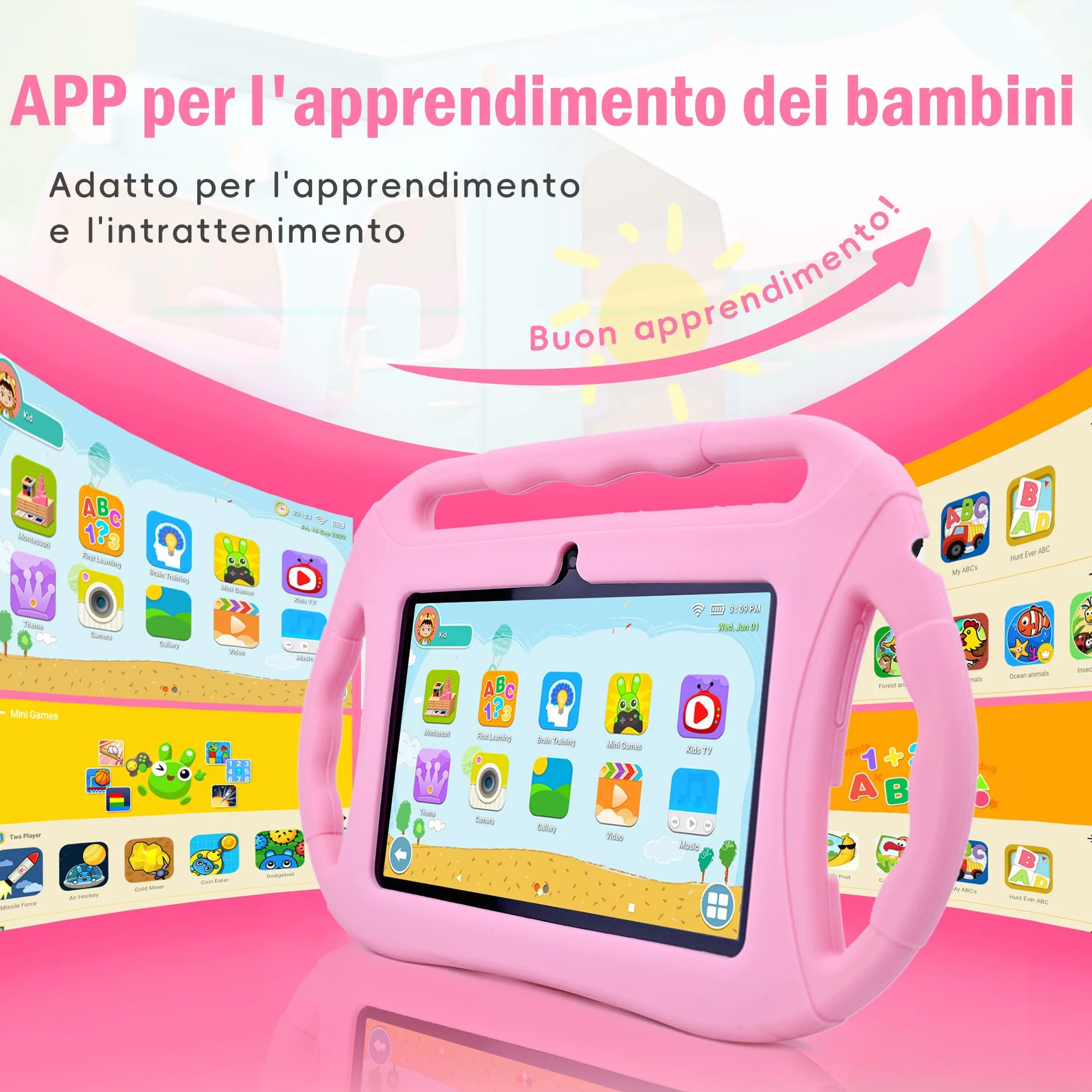 Veidoo Tablet per bambini da 7 pollici, tablet Android, 2GB RAM 32GB ROM, WiFi, schermo HD, applicazioni preinstallate con controllo parentale, giochi, tablet educativo, Rosa