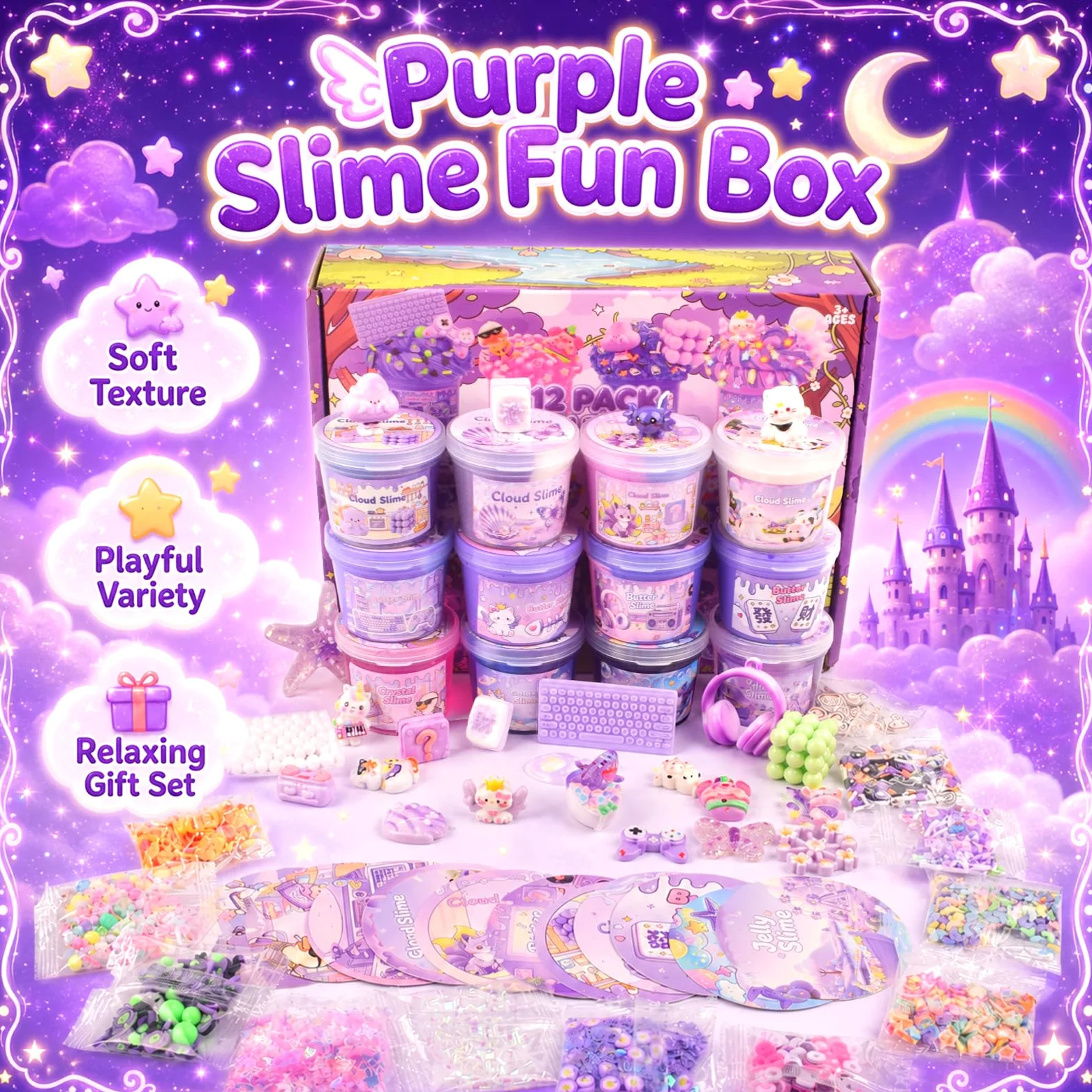 Kit di slime viola a forma di nuvola, 12 pezzi, morbido giocattolo sensoriale | per bambini dagli 8 ai 12 anni, bomboniere per feste di compleanno, riempitivi per sacchetti per ragazze e ragazzi