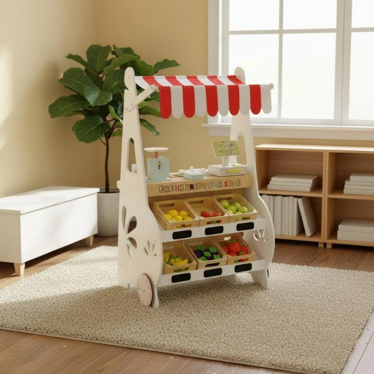 Children Play Store Banchetto Negozio Frutta Bambini Banco Mercato Chiosco Legno con Ruote E Cassetto Ghiaccio Area Cassa E Accessori Inclusi Adatto
