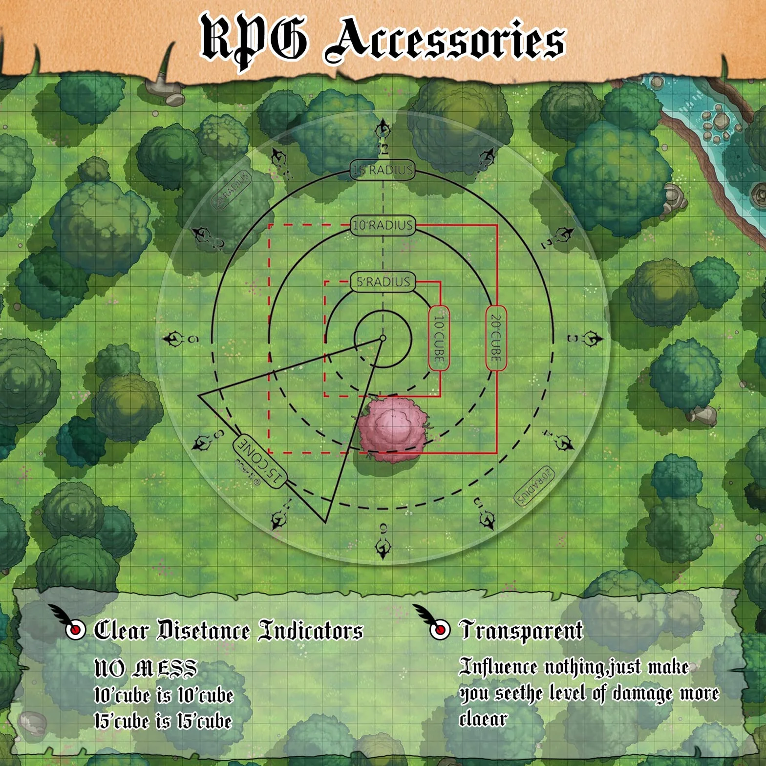 Marcatore di attacchi AOE di incantesimi, modello di effetto ad area DND - Byhoo Tappetino da tavolo da 2,5 cm Grid o Hex, accessori di gioco RPG per TTRPG 5E Dungeons and Dragons, Pathfinder