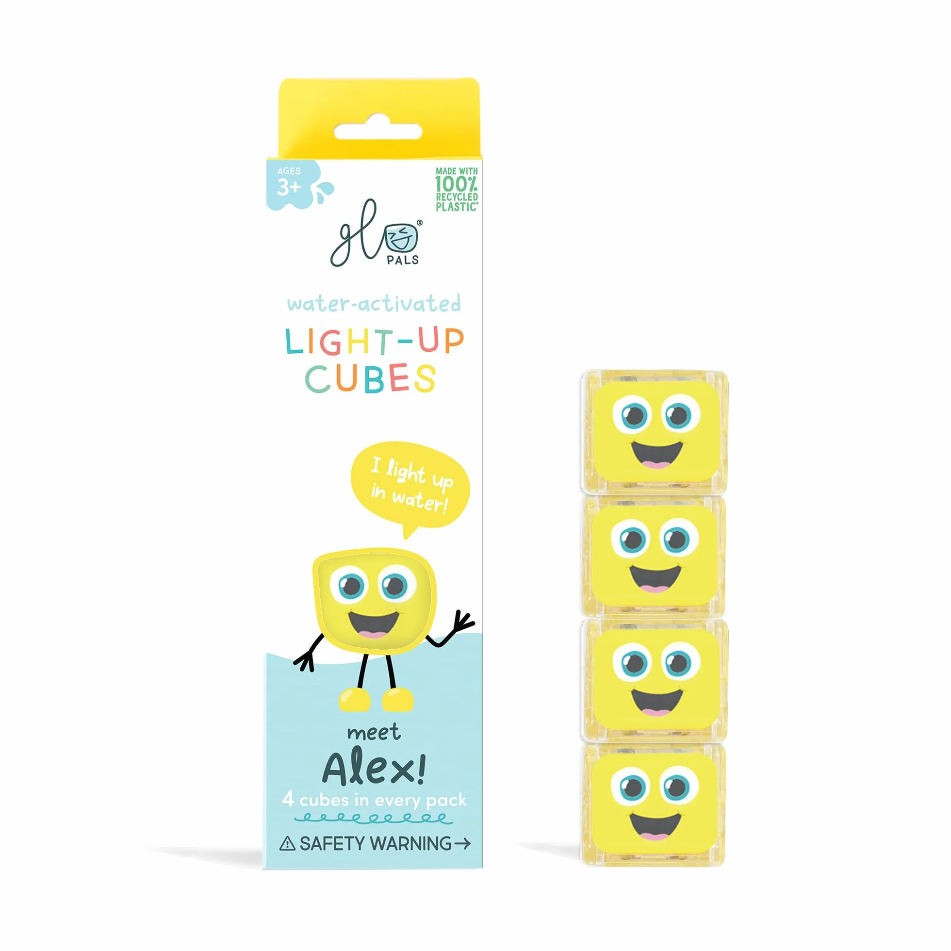 Glo Pals, Set 4 Cubi Luminosi Alex, Giochi da Bagnetto per Bambini da 3 Anni di Età, Aiuta lo Sviluppo Sensoriale e Cognitivo, con Illuminazione Automatica, Giallo