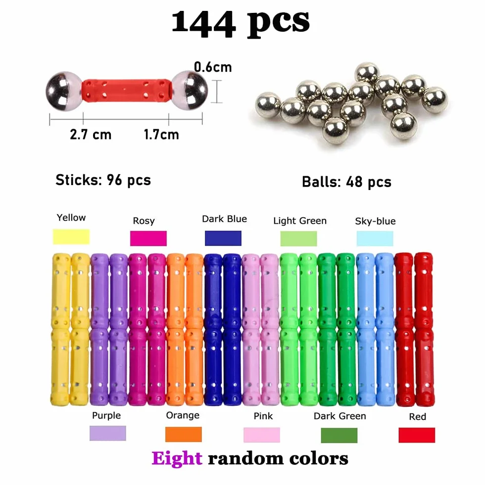 Costruzioni Magnetiche per Bambini 144 PCS Giocattoli Educativi Set di Bastoncini Magnetici