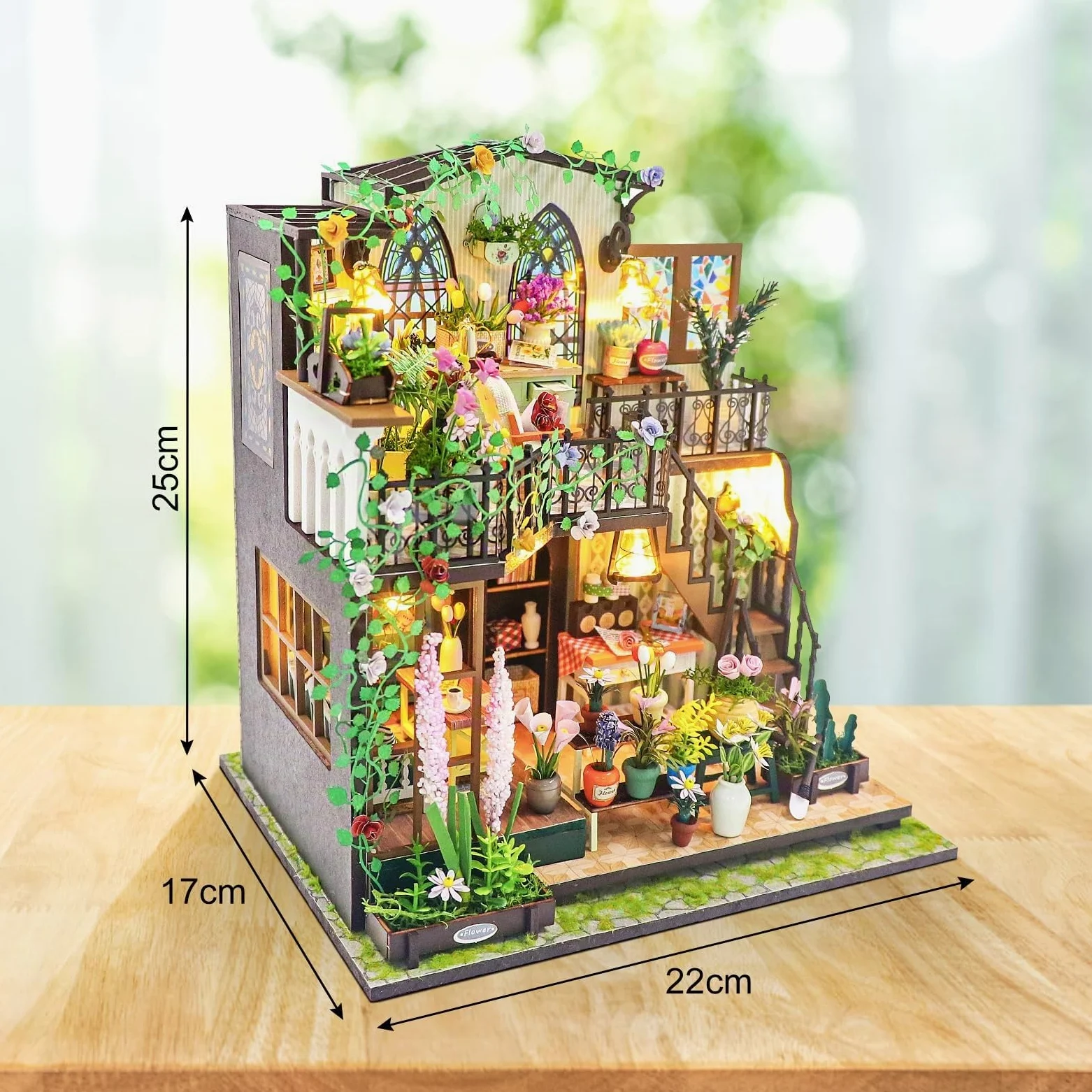 Cuteefun Miniatura Casa Delle Bambole Kit, Dollhouse in Legno con LED, Kit Casa Minuscola per Adulti da Costruire, Regali Unici per Compleanni, Natale(Casa di Fiori)