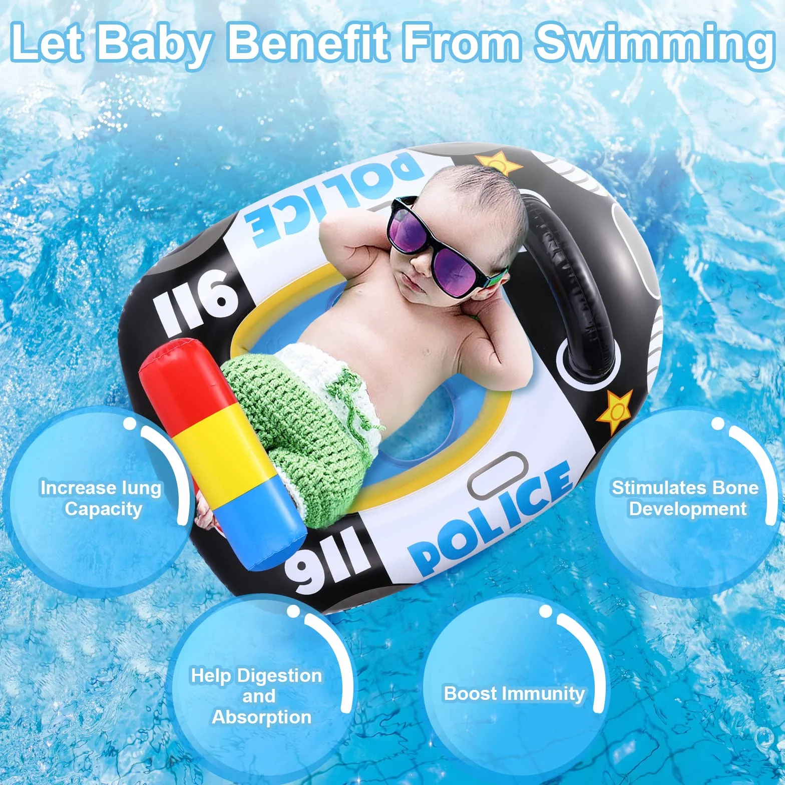 Anello di Nuoto del Fumetto,Auto Della Polizia Salvagente Neonato Galleggiante Gonfiabile del Bambino Dell'anello di Nuoto del Float Salvagente Seggiolino and Gonfiatore Bambini Piscina Giocattolo